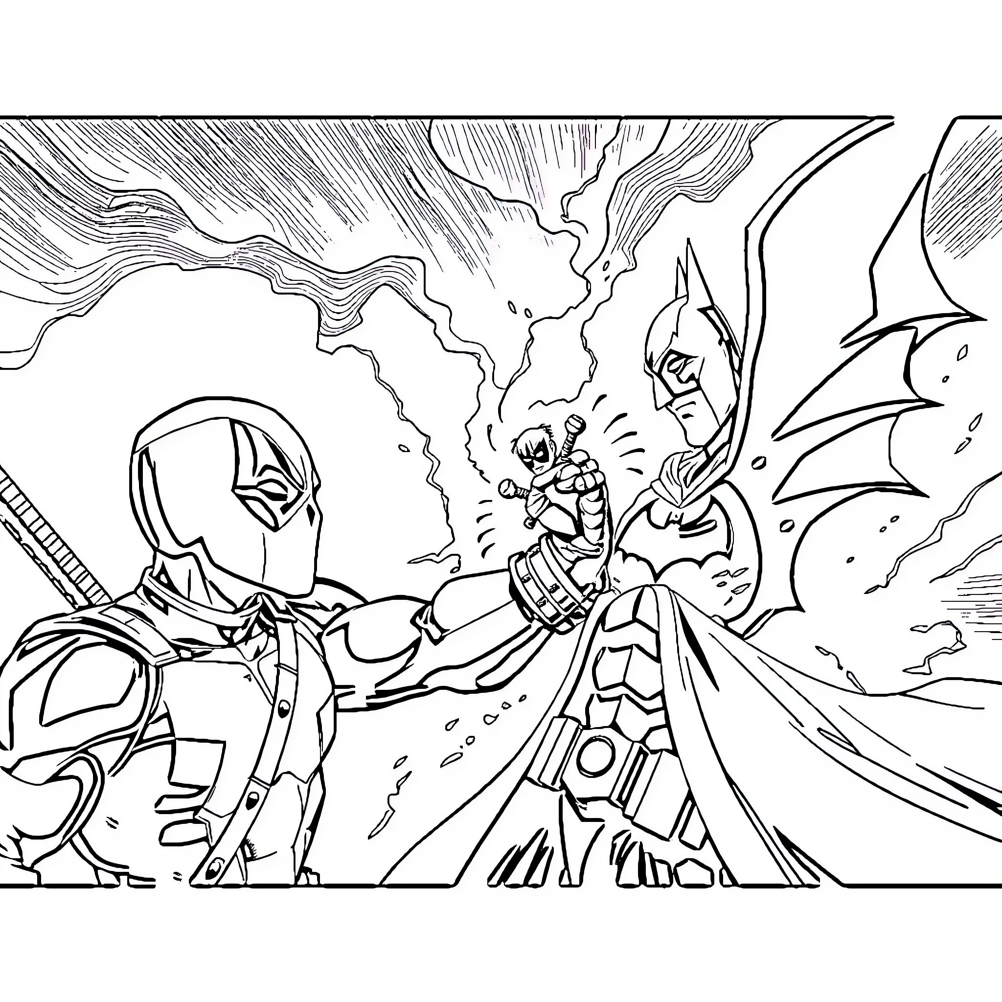 Deadpool engaging in intense battle with an unknown opponent Coloring Page (free black-and-white line drawing printable PDF for all, from beginners to advanced learners, including children, teens, adults, and seniors)