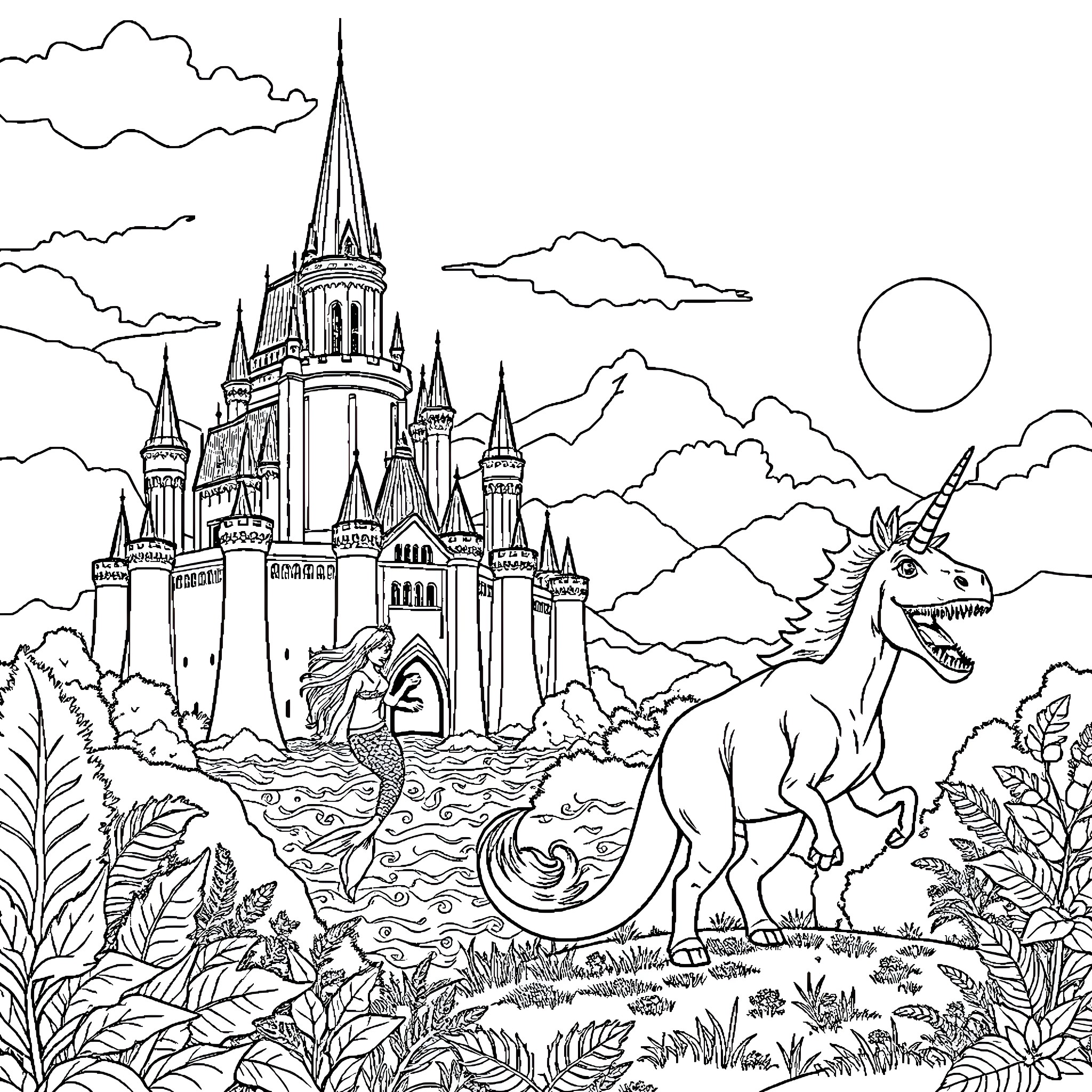 Castle with Fantastical Creatures in the Wilderness Coloring Page (free black-and-white line drawing printable PDF for all, from beginners to advanced learners, including children, teens, adults, and seniors)