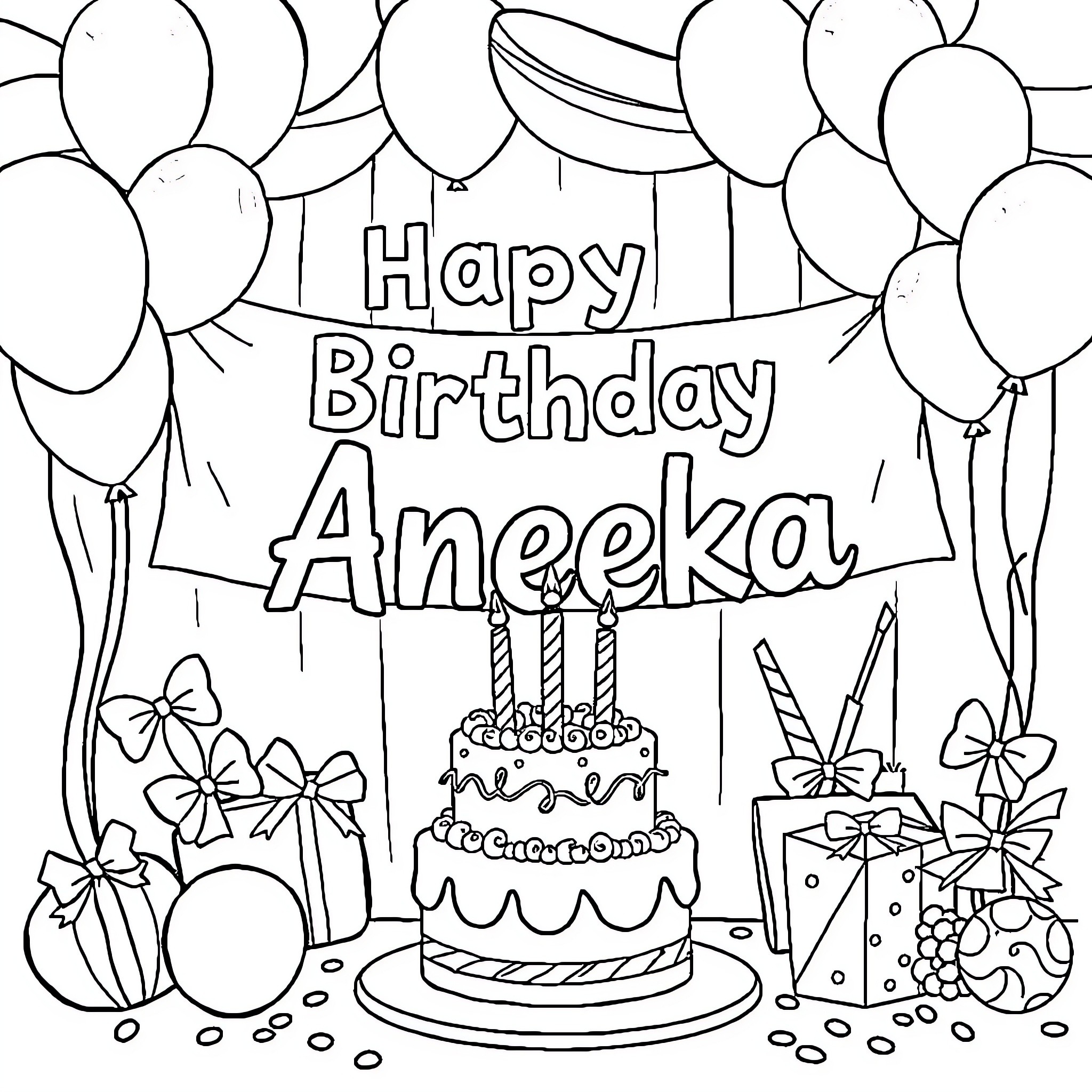 Birthday celebration with cake, balloons, and gifts Coloring Page (free black-and-white line drawing printable PDF for all, from beginners to advanced learners, including children, teens, adults, and seniors)