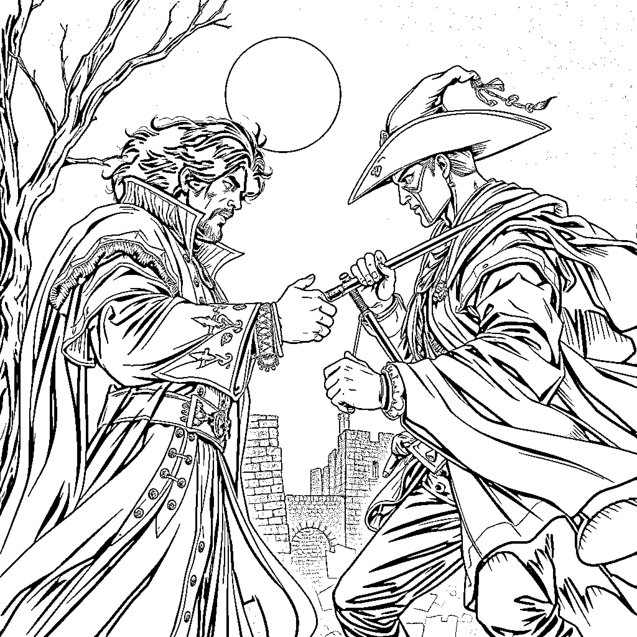 Count the Duel of Two Cloaked Warriors Coloring Page (free black-and-white line drawing printable PDF for all, from beginners to advanced learners, including children, teens, adults, and seniors)