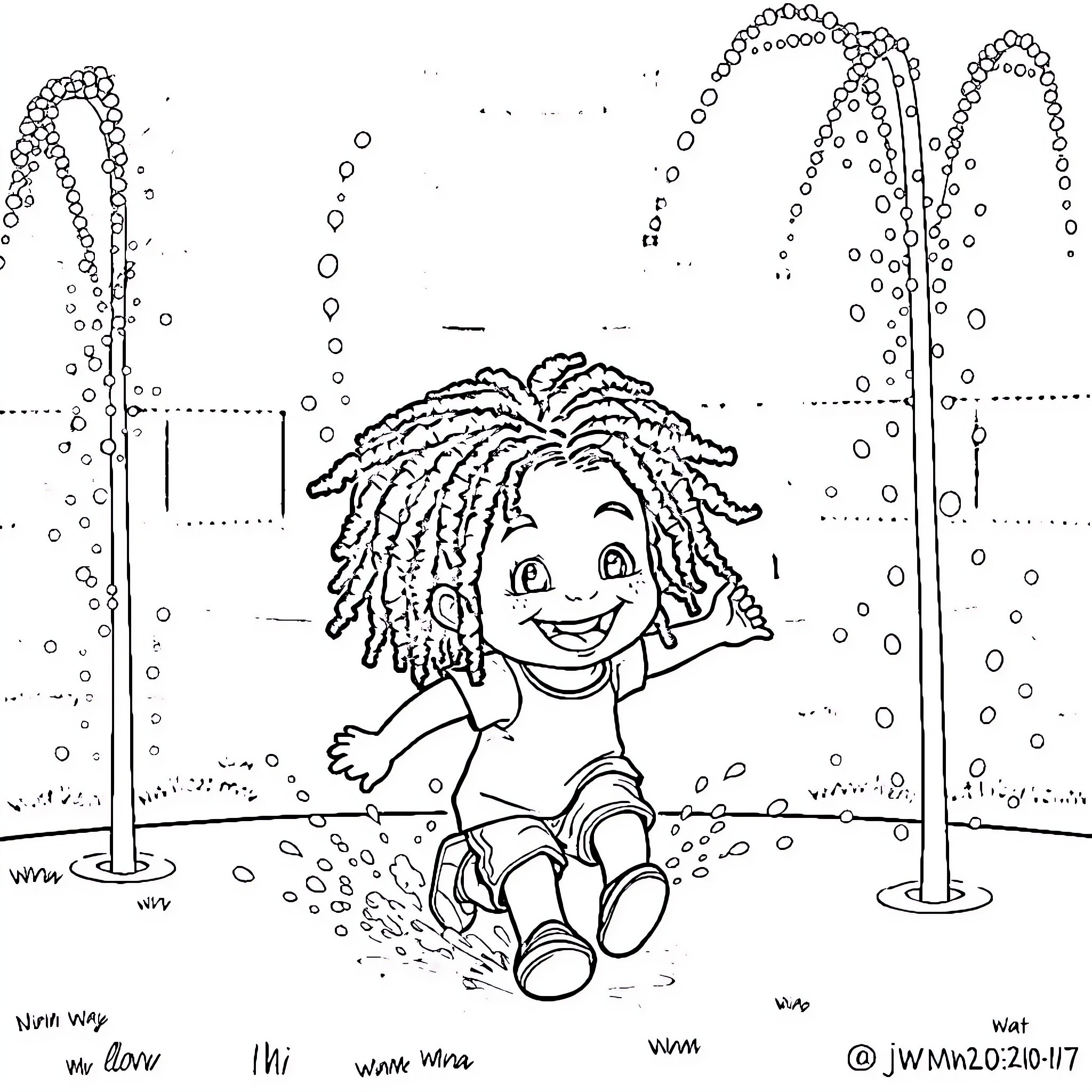 Boy playing happily in the sprinklers Coloring Page (free black-and-white line drawing printable PDF for all, from beginners to advanced learners, including children, teens, adults, and seniors)
