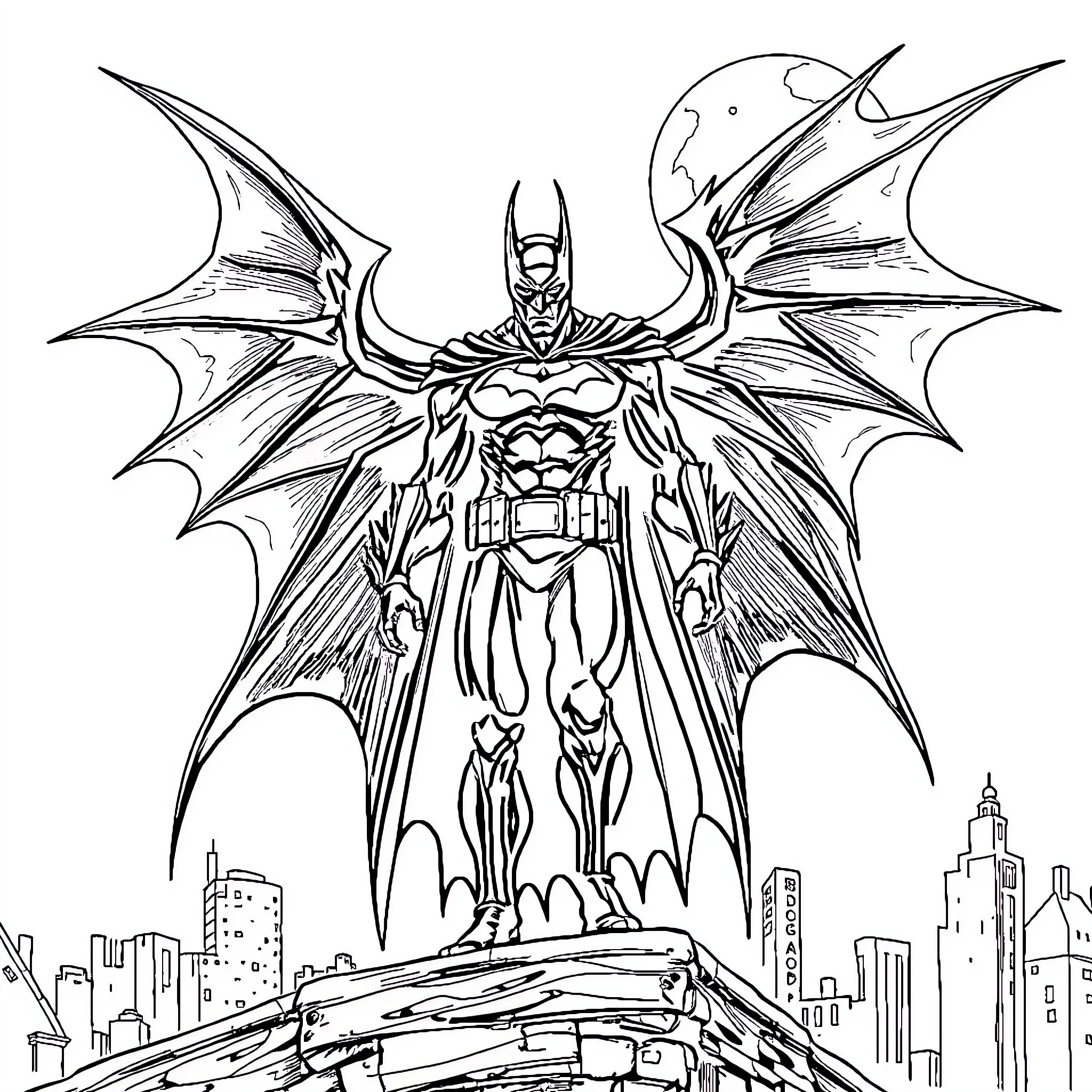 Demon Batman Soaring over Cityscape Coloring Page (free black-and-white line drawing printable PDF for all, from beginners to advanced learners, including children, teens, adults, and seniors)