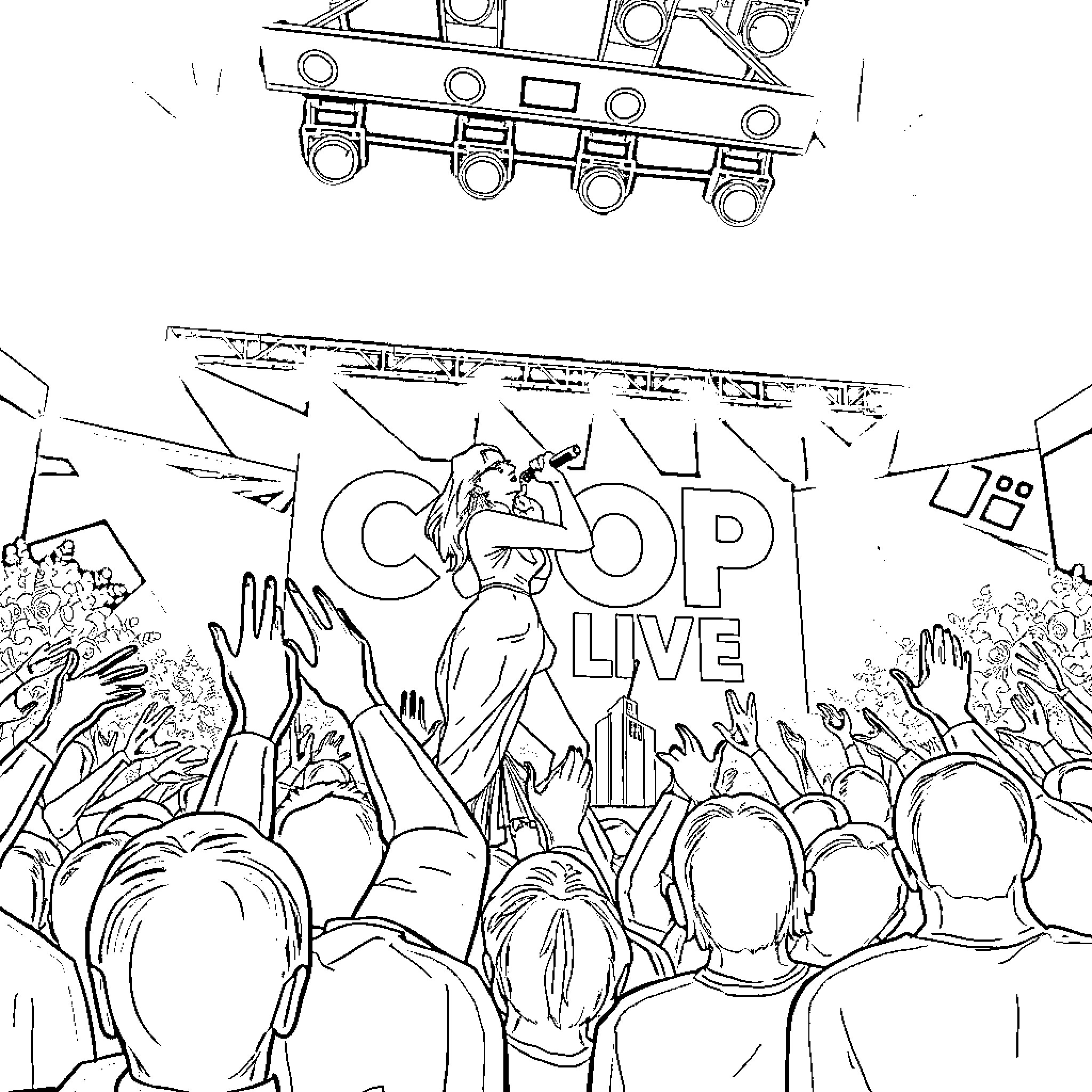 Lady Gaga Performing Energetically on Stage Coloring Page (free black-and-white line drawing printable PDF for all, from beginners to advanced learners, including children, teens, adults, and seniors)