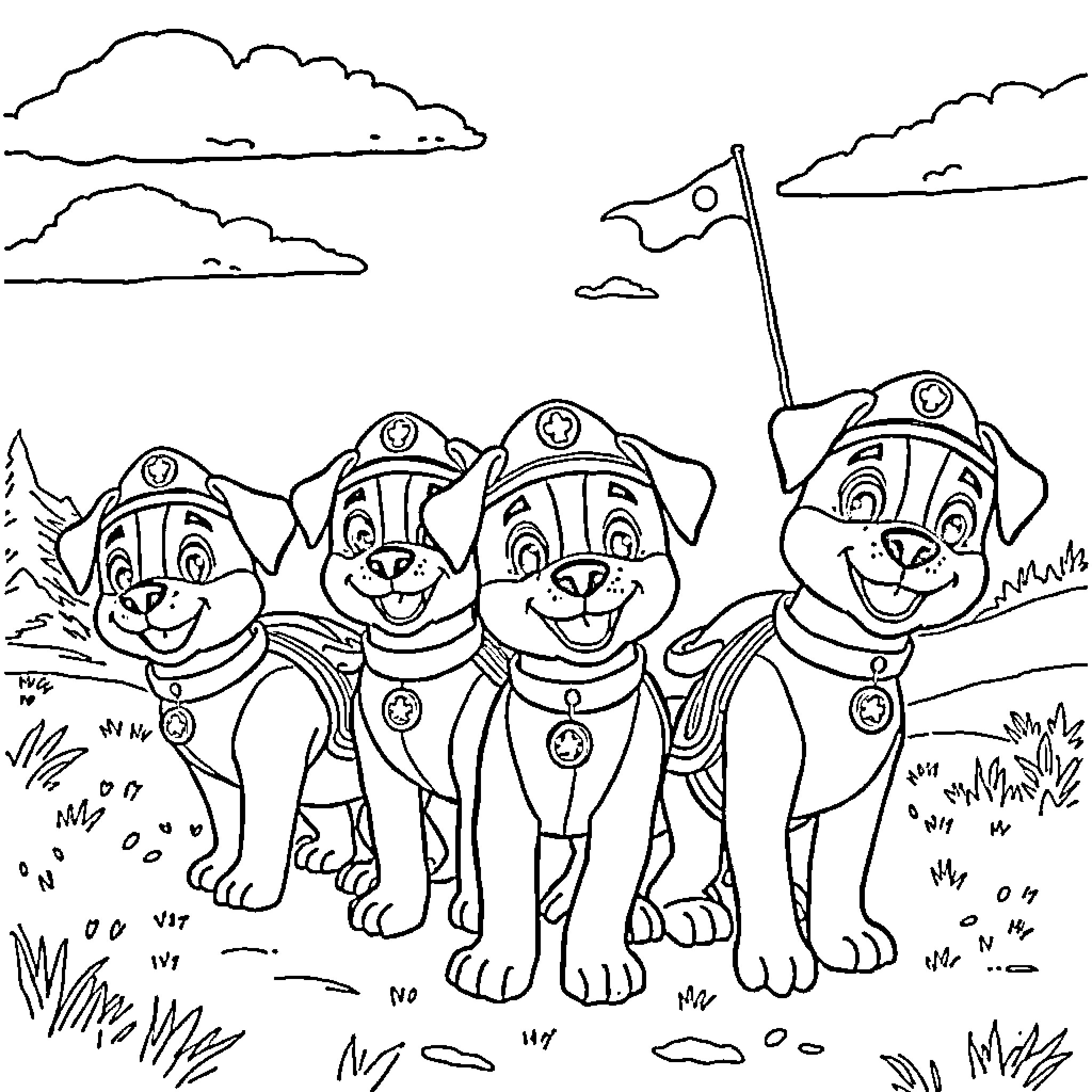 Paw Patrol dogs on an adventure in the outdoors Coloring Page (free black-and-white line drawing printable PDF for all, from beginners to advanced learners, including children, teens, adults, and seniors)