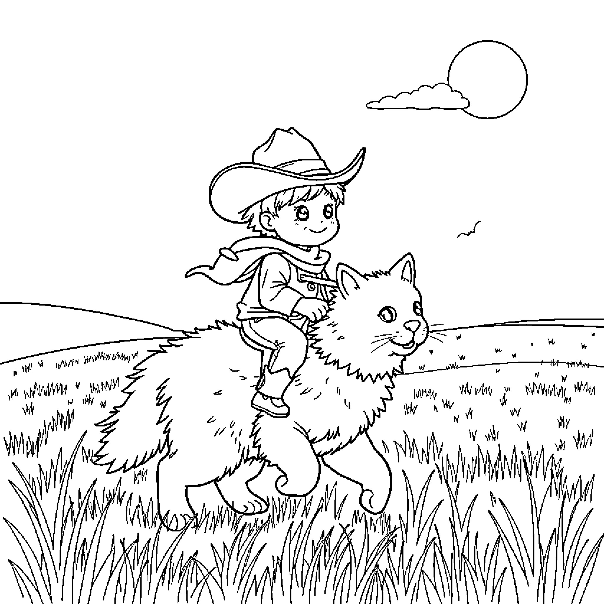 Cowboy boy riding a friendly wolf in the meadow Coloring Page (free black-and-white line drawing printable PDF for all, from beginners to advanced learners, including children, teens, adults, and seniors)