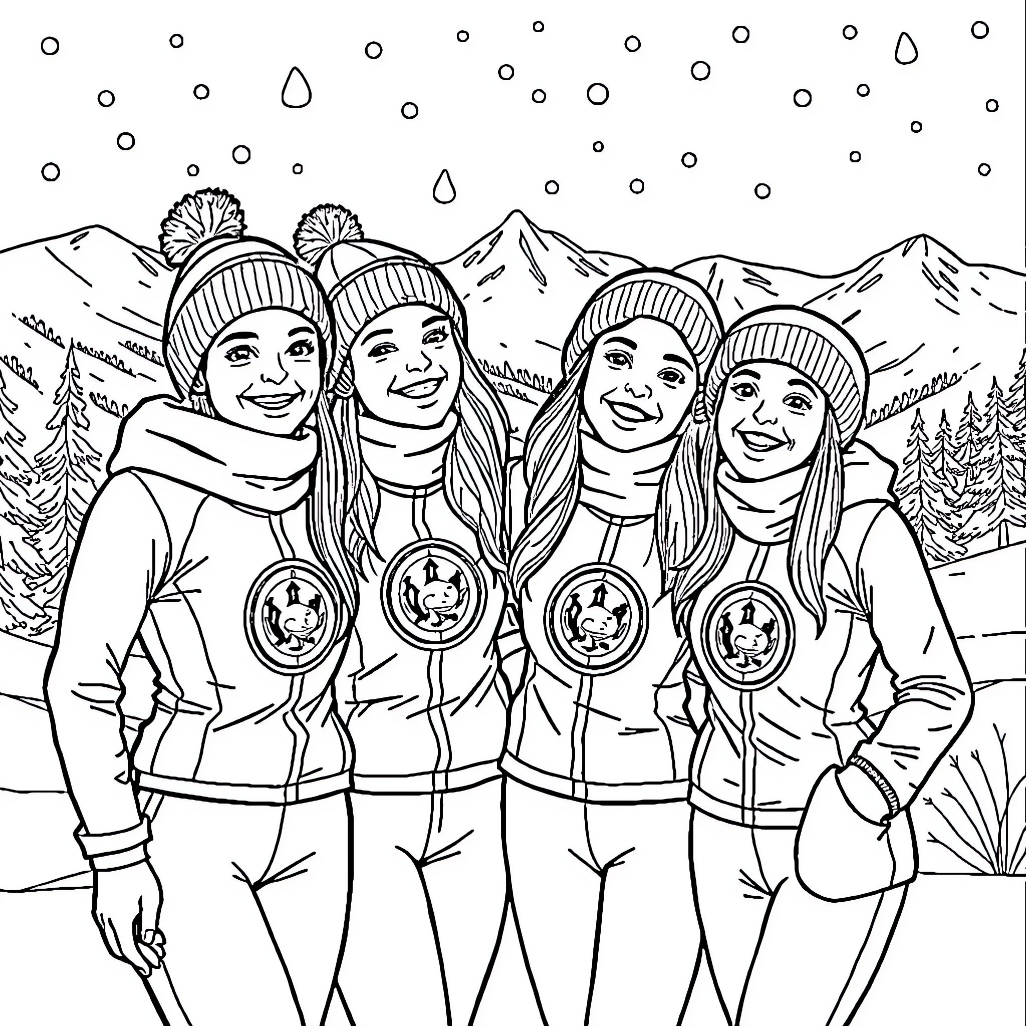 Sisters Enjoying a Snowy Adventure Coloring Page (free black-and-white line drawing printable PDF for all, from beginners to advanced learners, including children, teens, adults, and seniors)