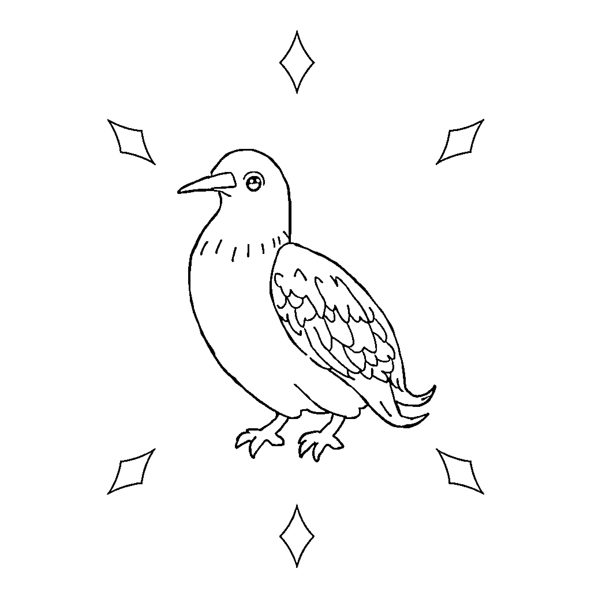 Rose-Colored Bird Surrounded by Shimmering Diamonds Coloring Page (free black-and-white line drawing printable PDF for all, from beginners to advanced learners, including children, teens, adults, and seniors)
