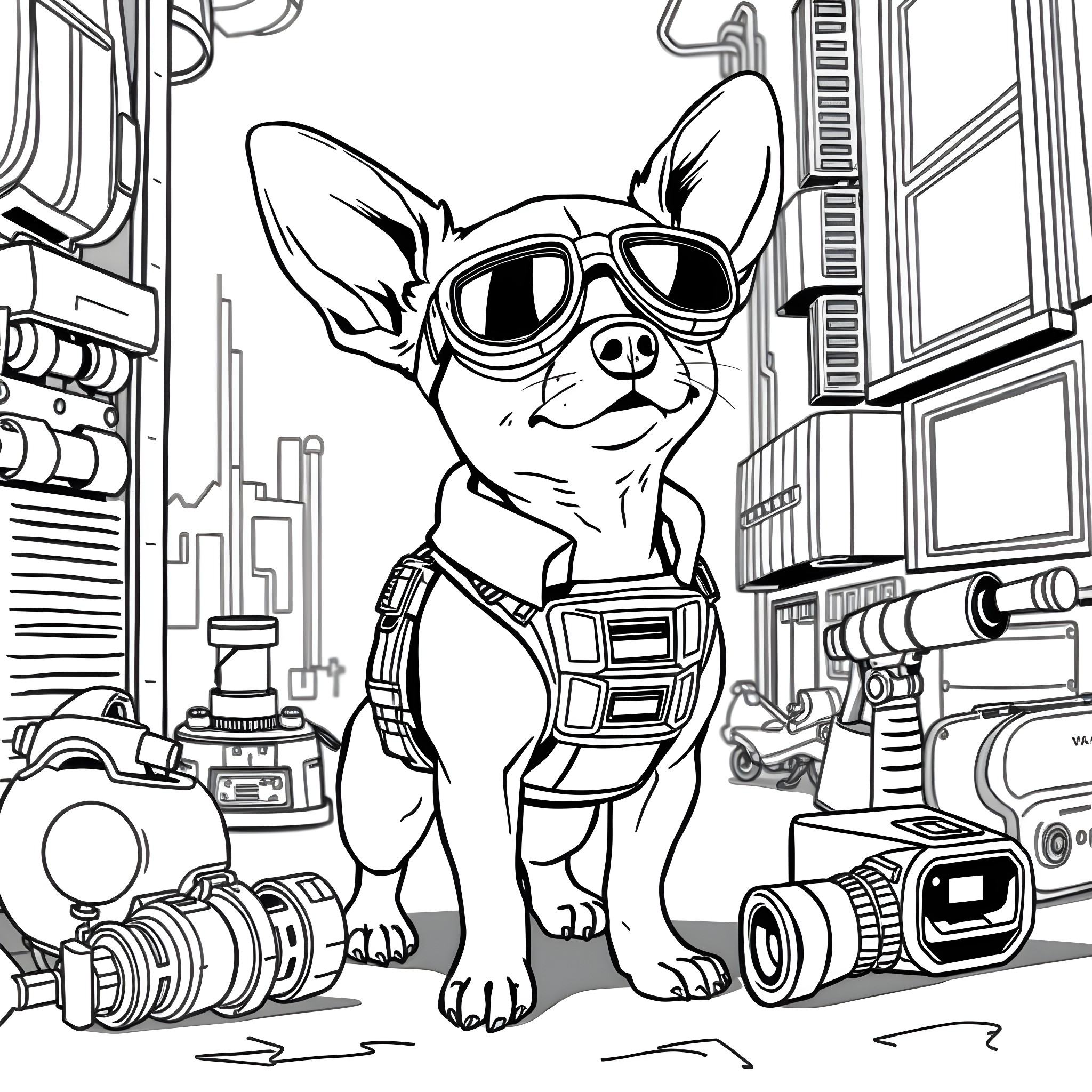 Chihuahua with camera equipment in the city Coloring Page (free black-and-white line drawing printable PDF for all, from beginners to advanced learners, including children, teens, adults, and seniors)