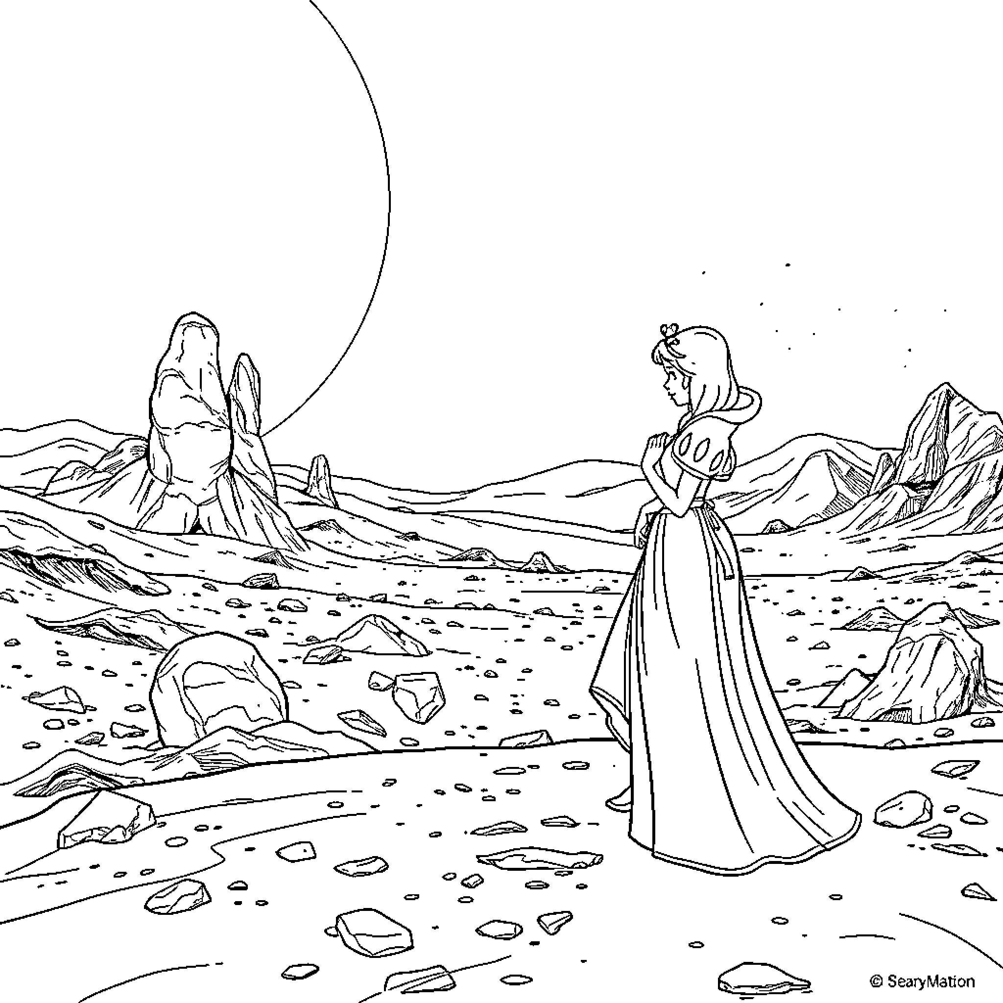 Snow White exploring the enchanting desert landscape Coloring Page (free black-and-white line drawing printable PDF for all, from beginners to advanced learners, including children, teens, adults, and seniors)