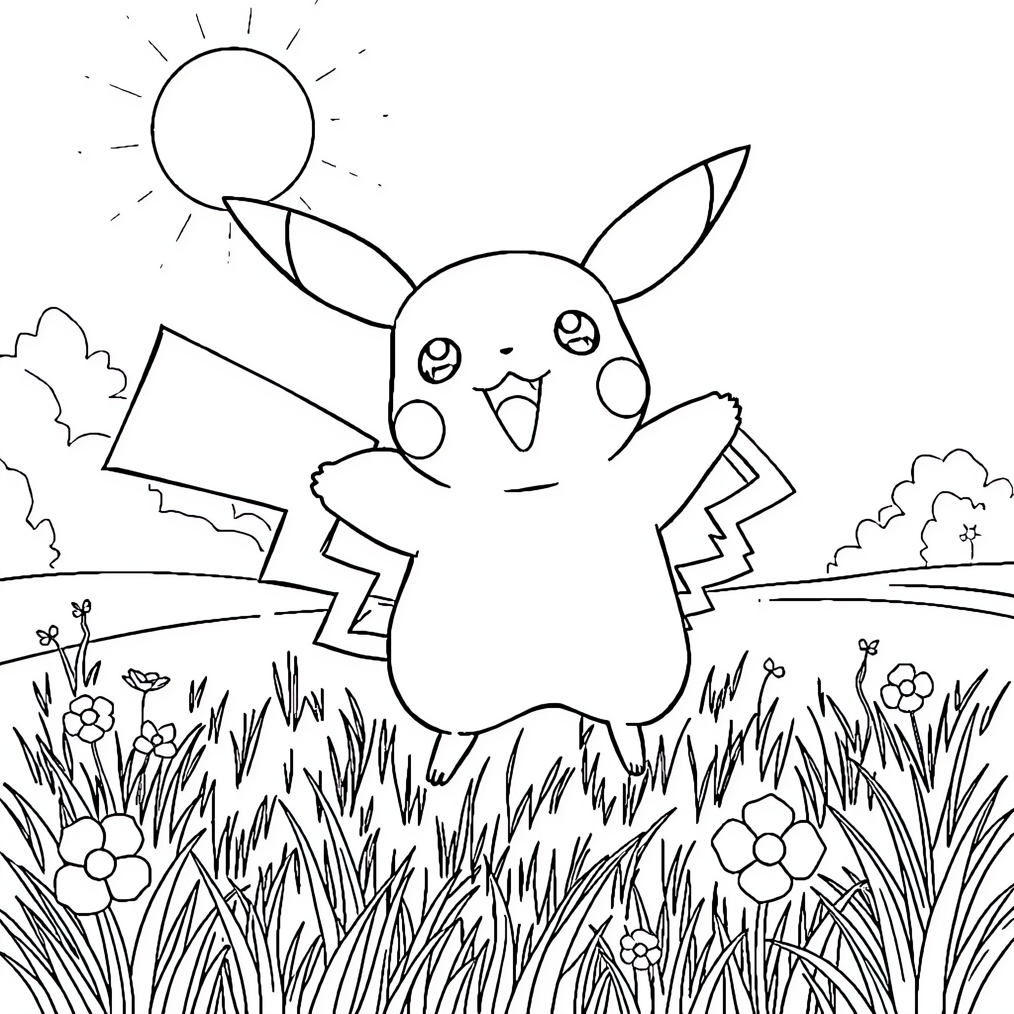 Pikachu enjoying a sunny day in the meadow Coloring Page (free black-and-white line drawing printable PDF for all, from beginners to advanced learners, including children, teens, adults, and seniors)