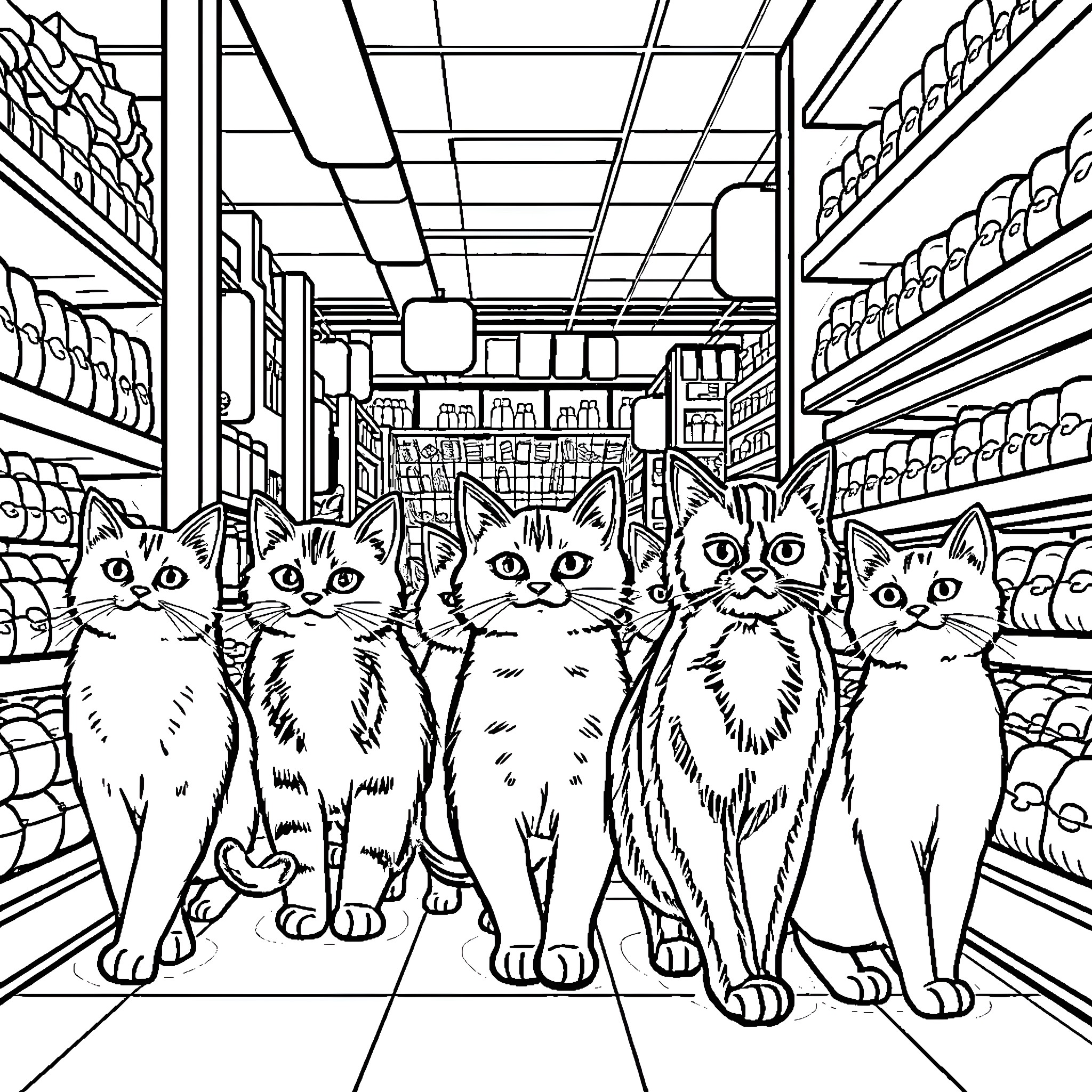 Cat Kittens Exploring Shelves in Pet Store Coloring Page (free black-and-white line drawing printable PDF for all, from beginners to advanced learners, including children, teens, adults, and seniors)