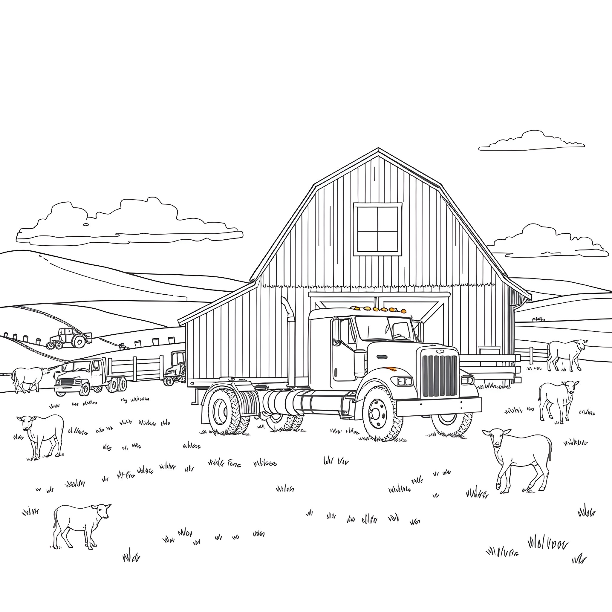 Truck transporting goods near rustic barn and farm animals Coloring Page (free black-and-white line drawing printable PDF for all, from beginners to advanced learners, including children, teens, adults, and seniors)