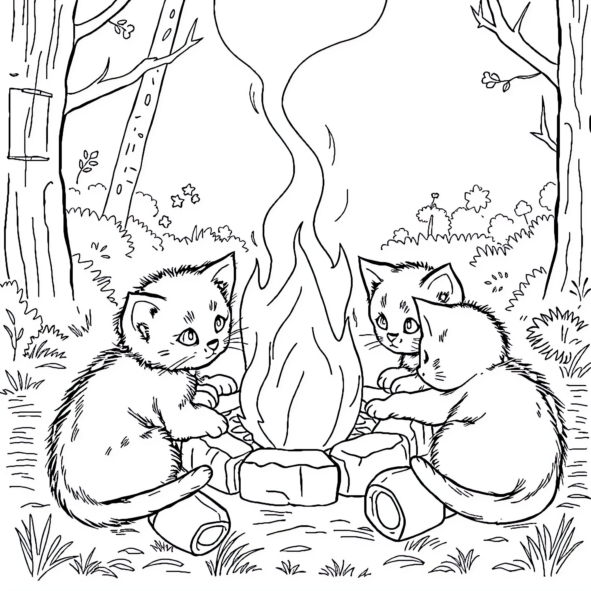 Kittens Warming Up by the Campfire Coloring Page (free black-and-white line drawing printable PDF for all, from beginners to advanced learners, including children, teens, adults, and seniors)
