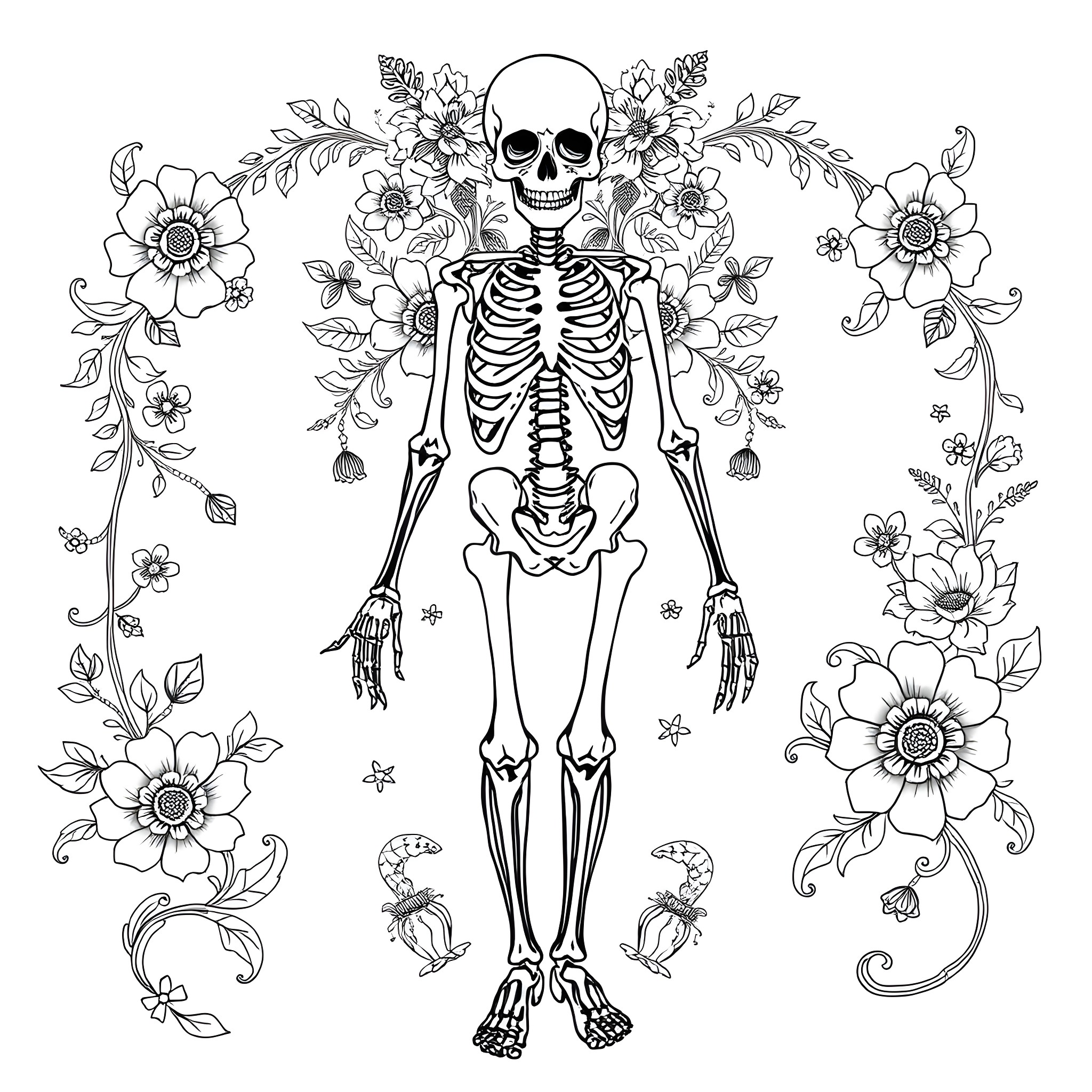 Skeleton surrounded by floral decorations Coloring Page (free black-and-white line drawing printable PDF for all, from beginners to advanced learners, including children, teens, adults, and seniors)