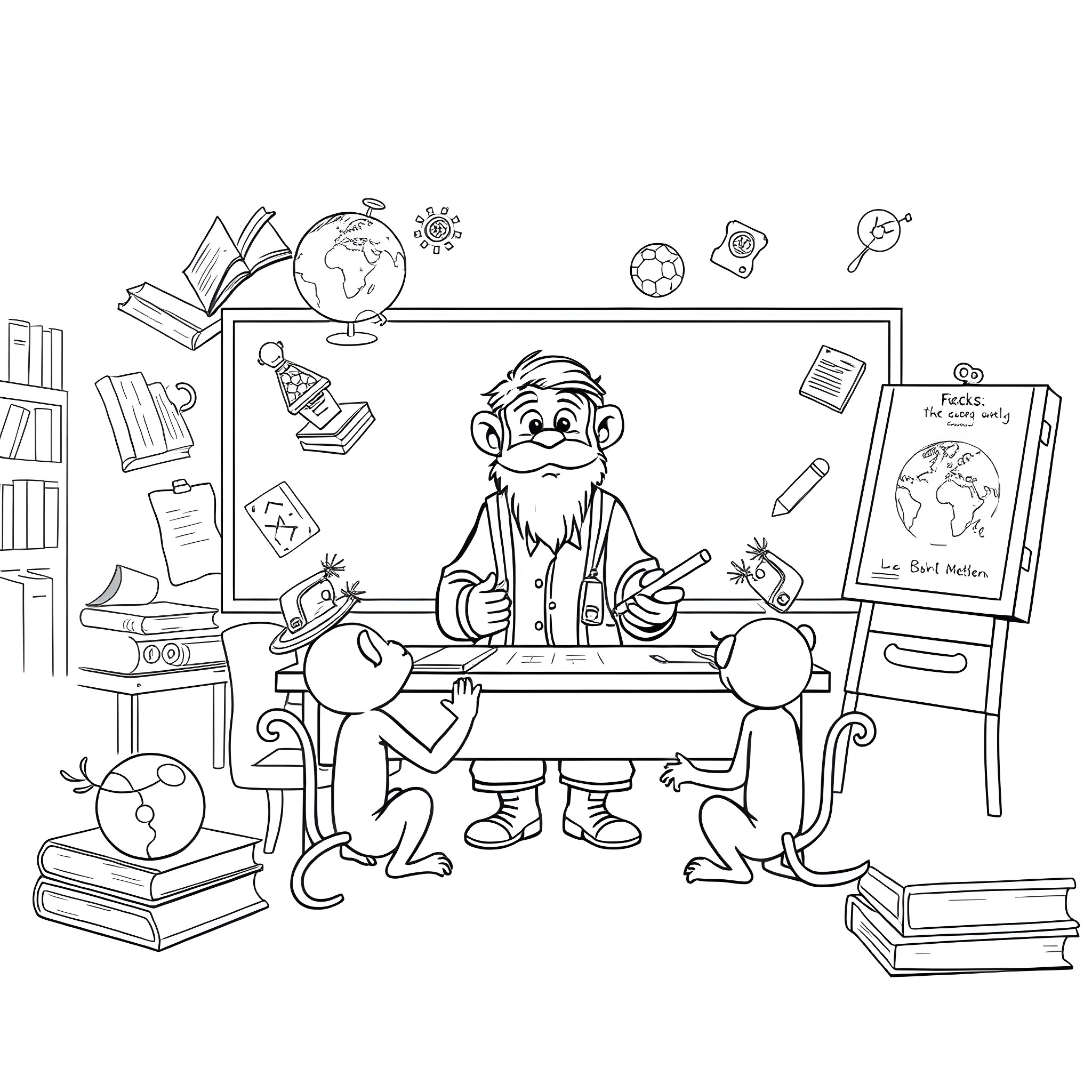 Teacher Instructing Students in Classroom Setting Coloring Page (free black-and-white line drawing printable PDF for all, from beginners to advanced learners, including children, teens, adults, and seniors)