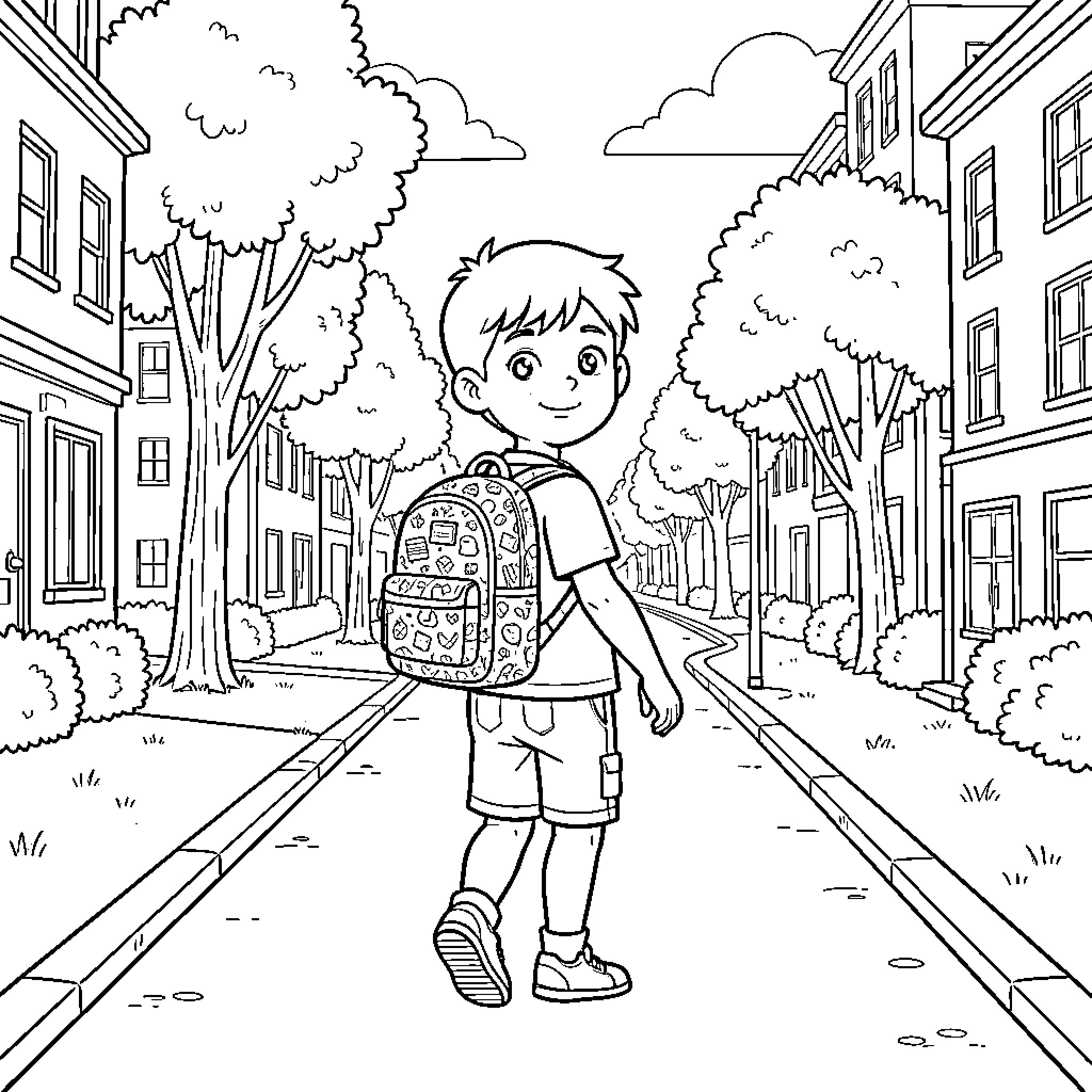 Boy walking to school with backpack on street Coloring Page (free black-and-white line drawing printable PDF for all, from beginners to advanced learners, including children, teens, adults, and seniors)