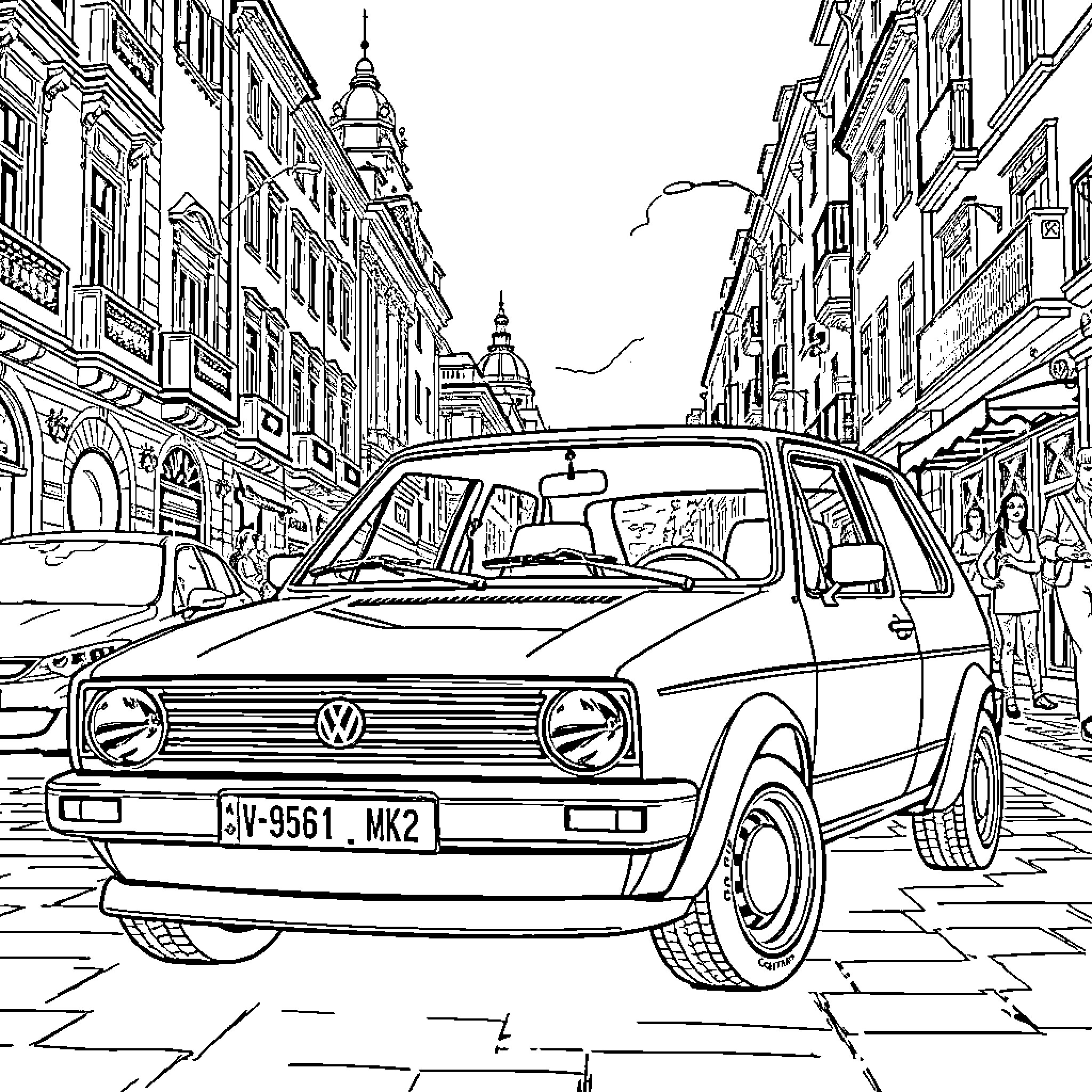 VW Golf MK2 Navigating Bustling Urban Street Coloring Page (free black-and-white line drawing printable PDF for all, from beginners to advanced learners, including children, teens, adults, and seniors)
