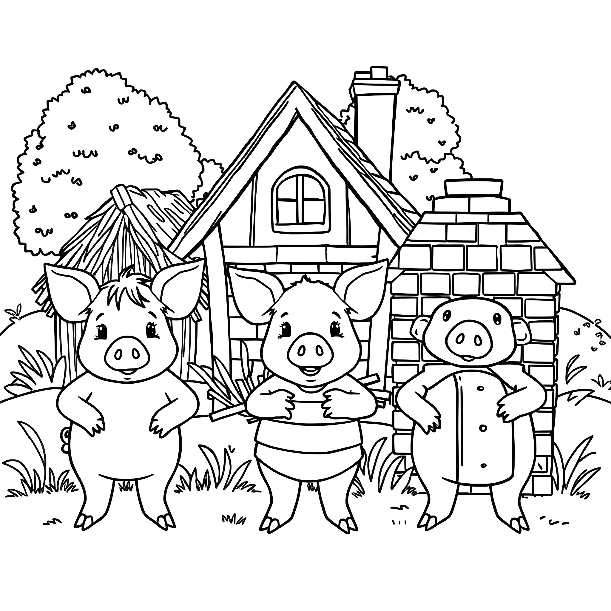 Pig trio enjoying outdoor scenery Coloring Page (free black-and-white line drawing printable PDF for all, from beginners to advanced learners, including children, teens, adults, and seniors)