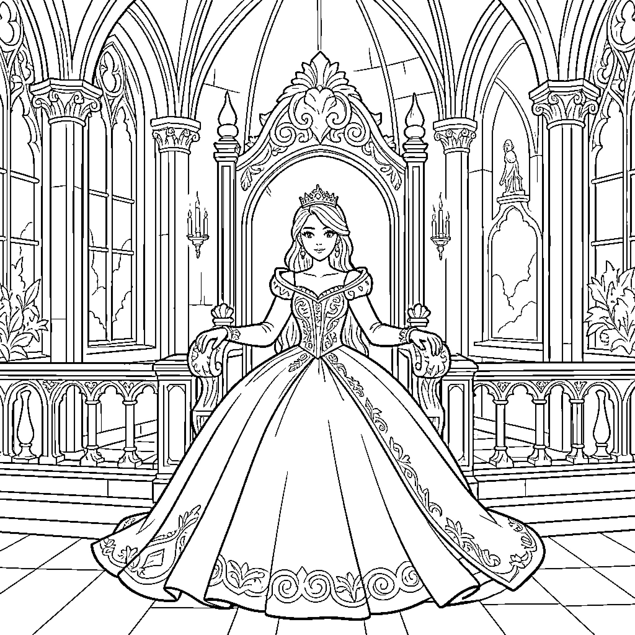 Princess sitting regally on a throne in a palace Coloring Page (free black-and-white line drawing printable PDF for all, from beginners to advanced learners, including children, teens, adults, and seniors)