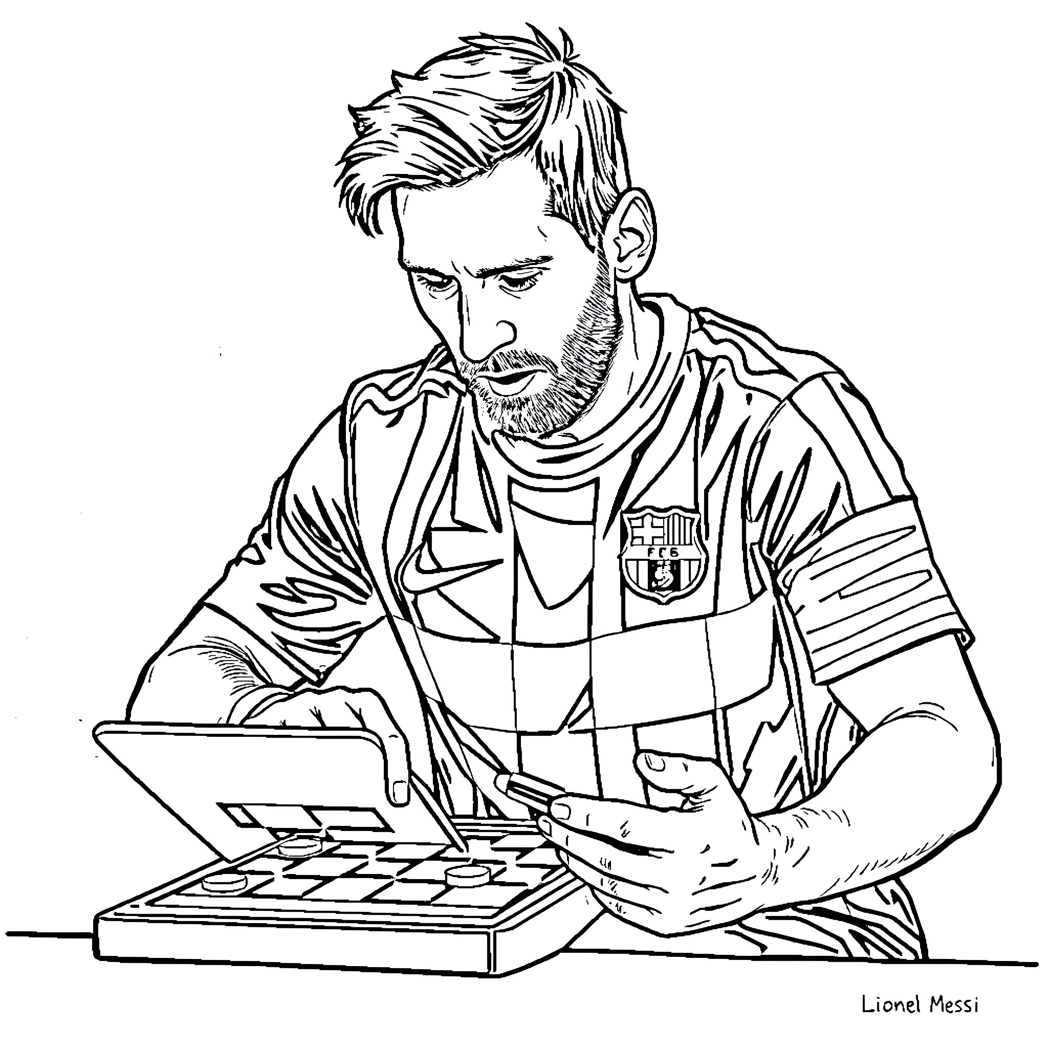 Messi playing chess with concentration Coloring Page (free black-and-white line drawing printable PDF for all, from beginners to advanced learners, including children, teens, adults, and seniors)