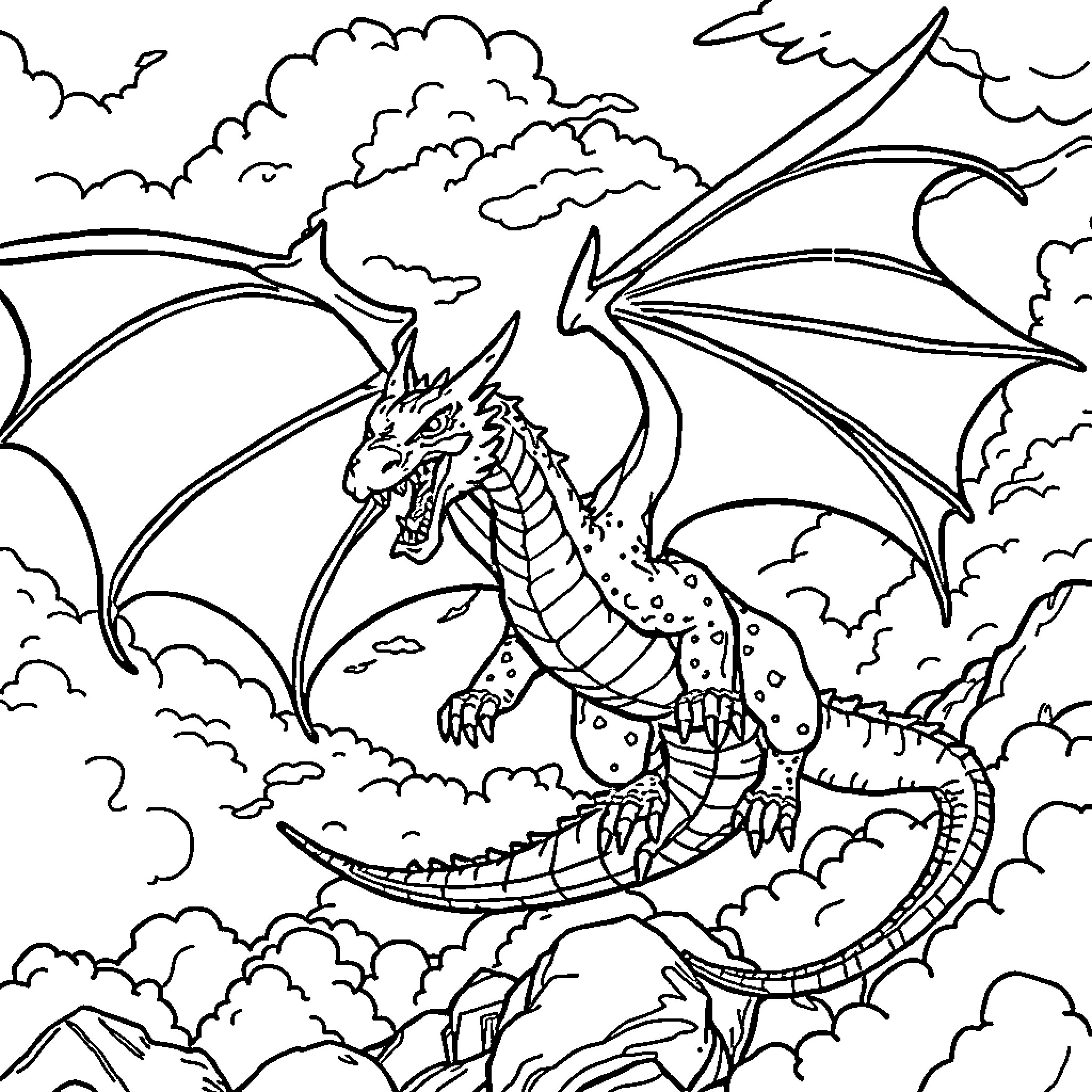 Dragon soaring through the stormy sky Coloring Page (free black-and-white line drawing printable PDF for all, from beginners to advanced learners, including children, teens, adults, and seniors)