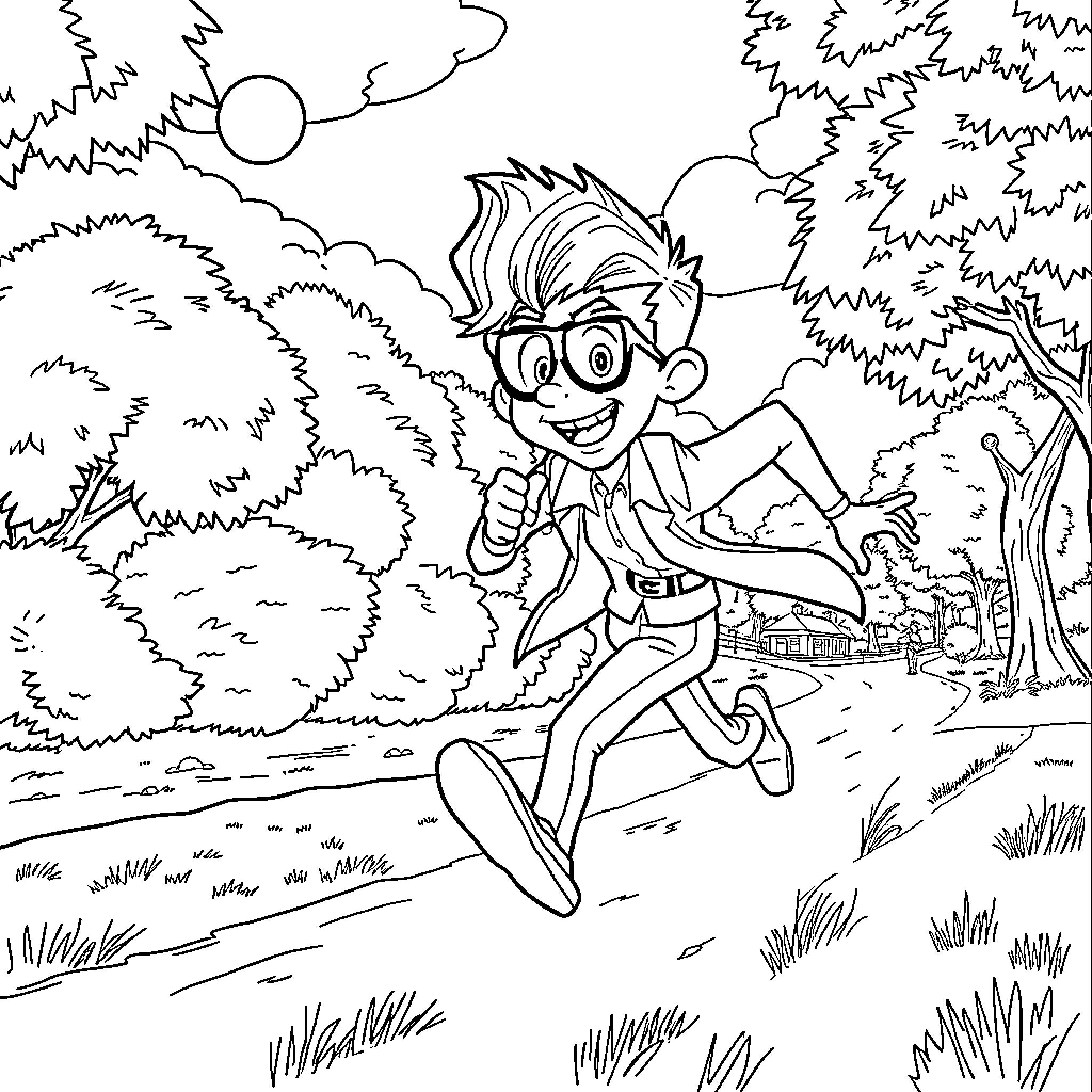 Phineas exploring the forest with excitement Coloring Page (free black-and-white line drawing printable PDF for all, from beginners to advanced learners, including children, teens, adults, and seniors)