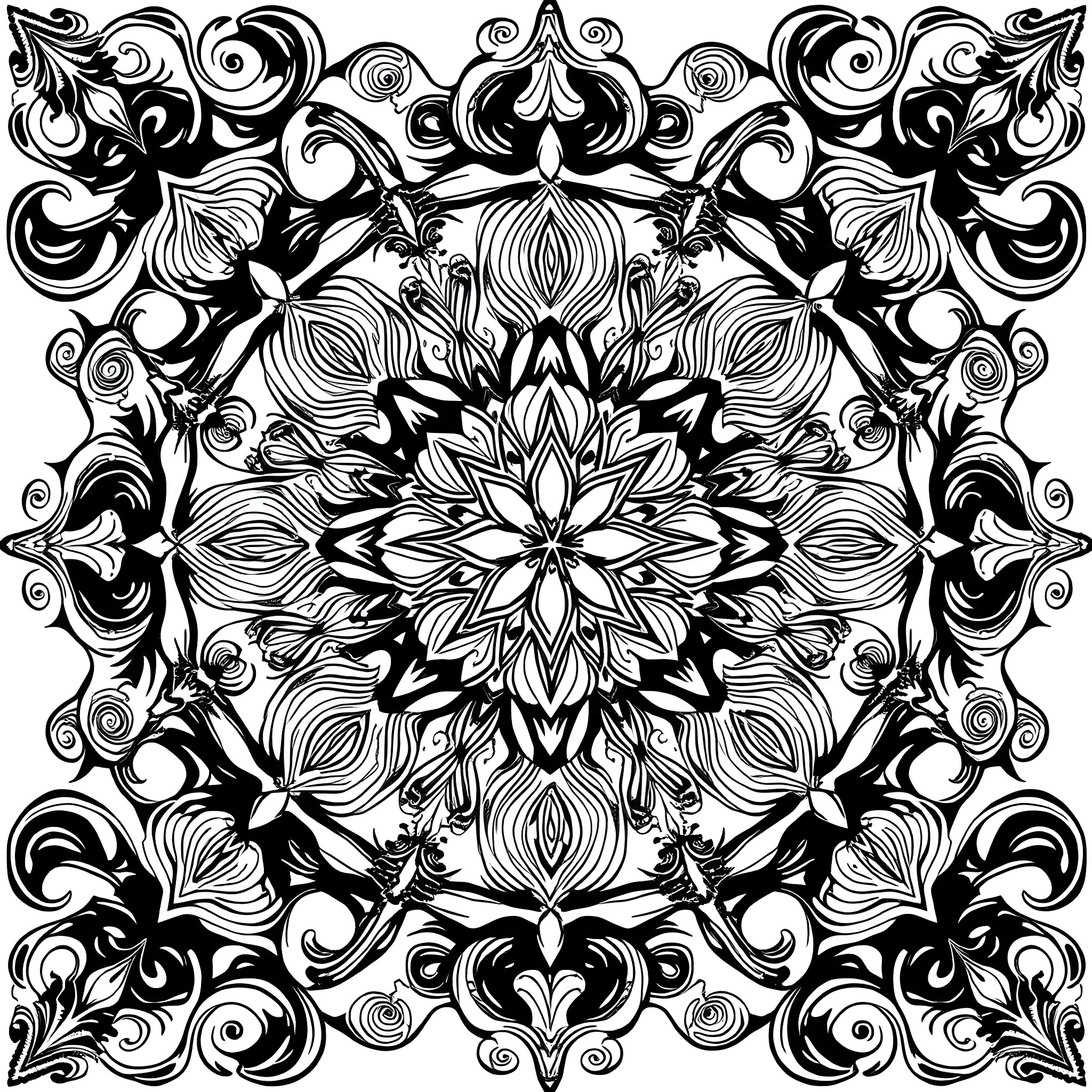 Pattern of Intricate Floral Designs Coloring Page (free black-and-white line drawing printable PDF for all, from beginners to advanced learners, including children, teens, adults, and seniors)