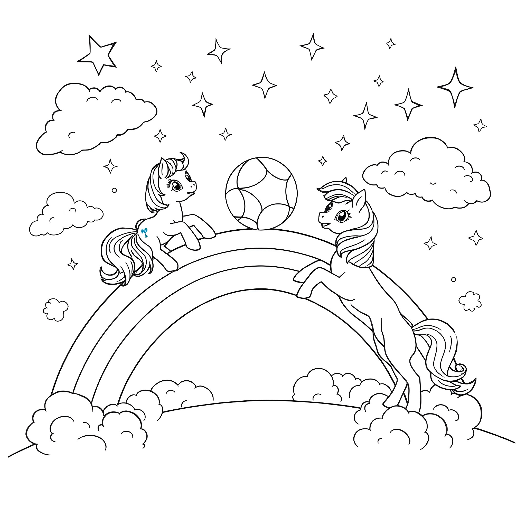 Pony playing with ball on rainbow in the sky Coloring Page (free black-and-white line drawing printable PDF for all, from beginners to advanced learners, including children, teens, adults, and seniors)
