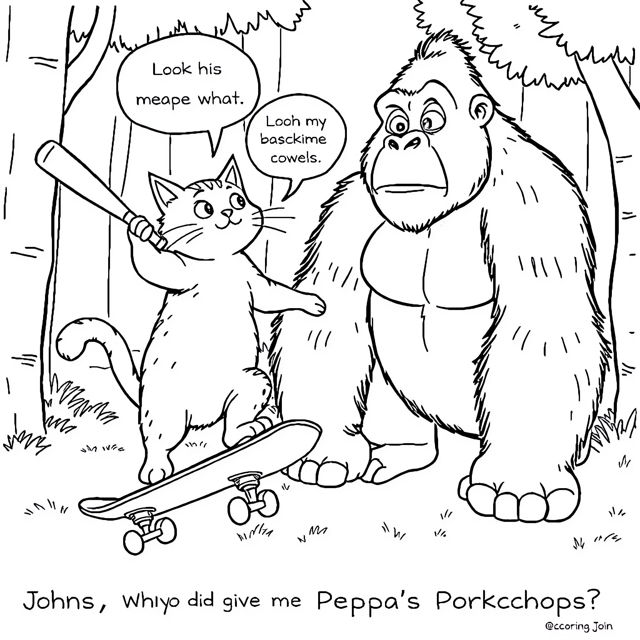Cat and Gorilla Discussing Porkchops Coloring Page (free black-and-white line drawing printable PDF for all, from beginners to advanced learners, including children, teens, adults, and seniors)