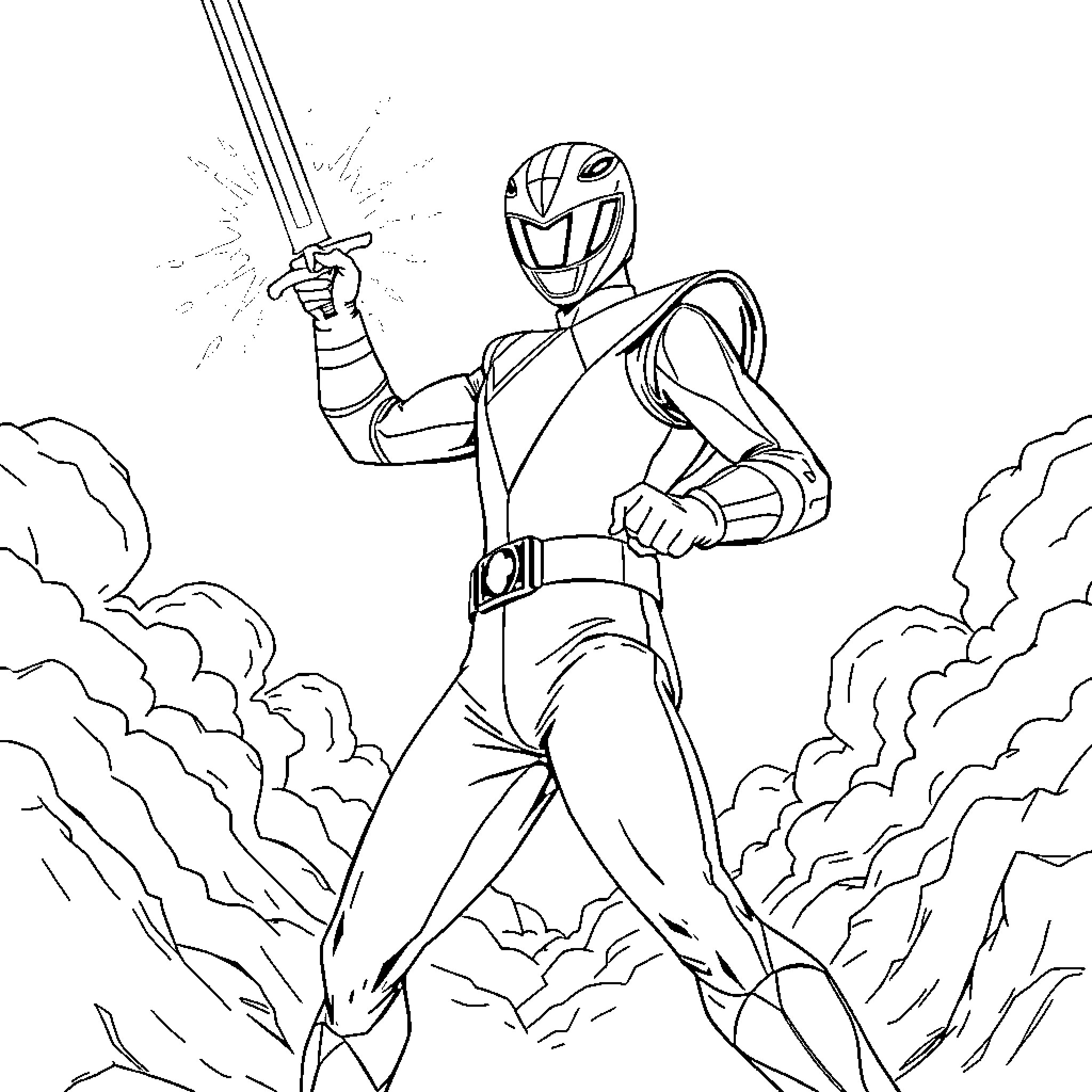 Power Ranger Wielding Sword in Epic Battle Coloring Page (free black-and-white line drawing printable PDF for all, from beginners to advanced learners, including children, teens, adults, and seniors)