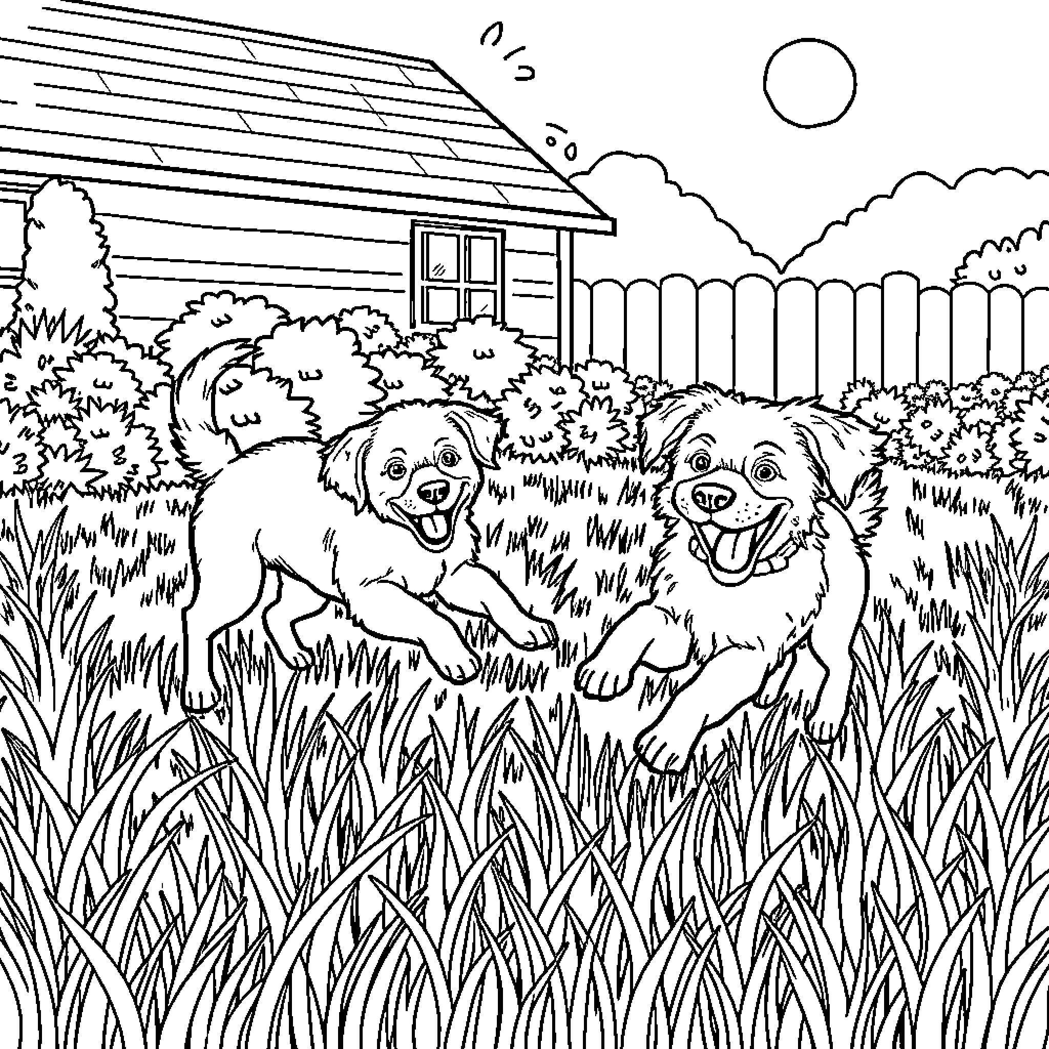Dogs playing joyfully in the backyard Coloring Page (free black-and-white line drawing printable PDF for all, from beginners to advanced learners, including children, teens, adults, and seniors)