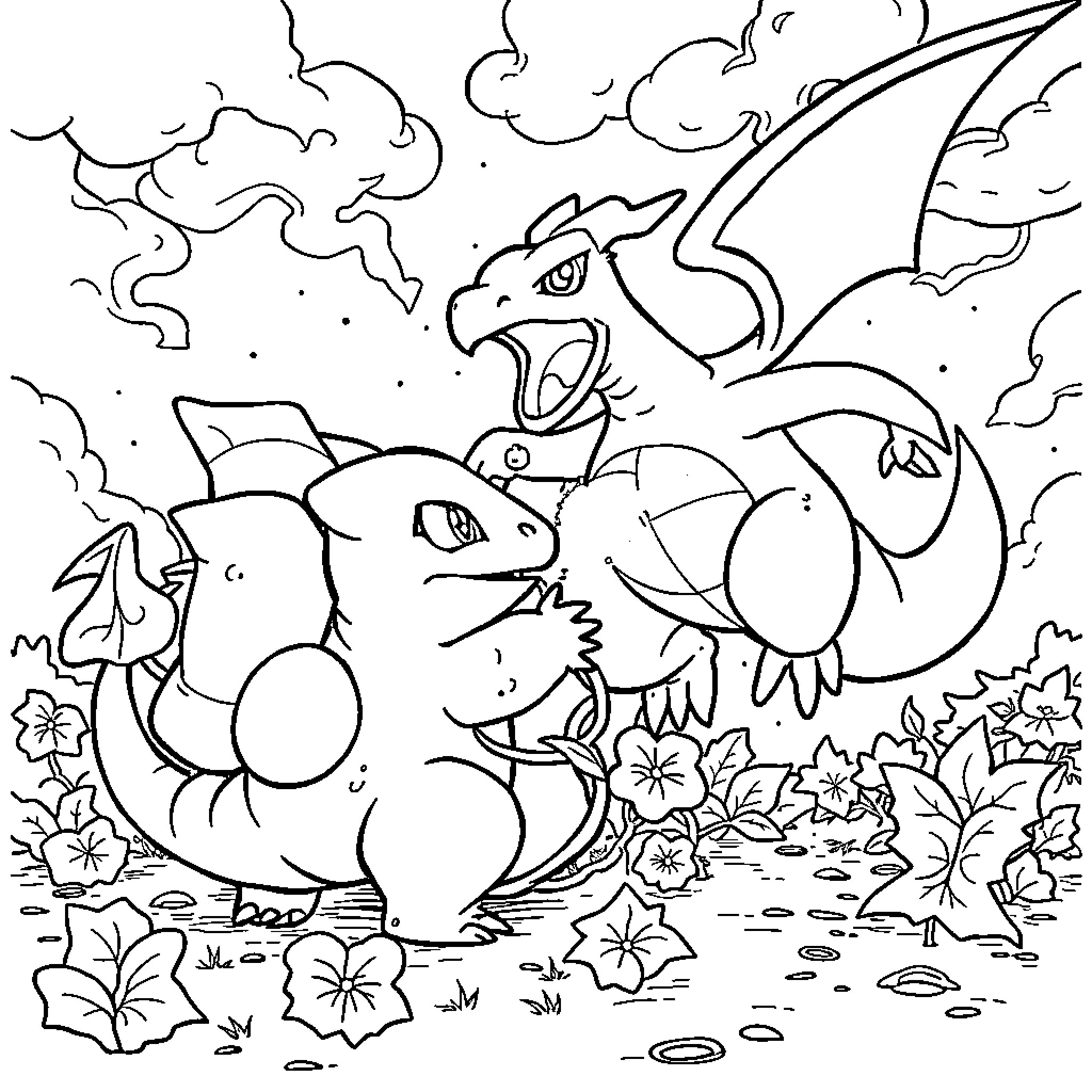 Bulbasaur and friends in a natural scene Coloring Page (free black-and-white line drawing printable PDF for all, from beginners to advanced learners, including children, teens, adults, and seniors)