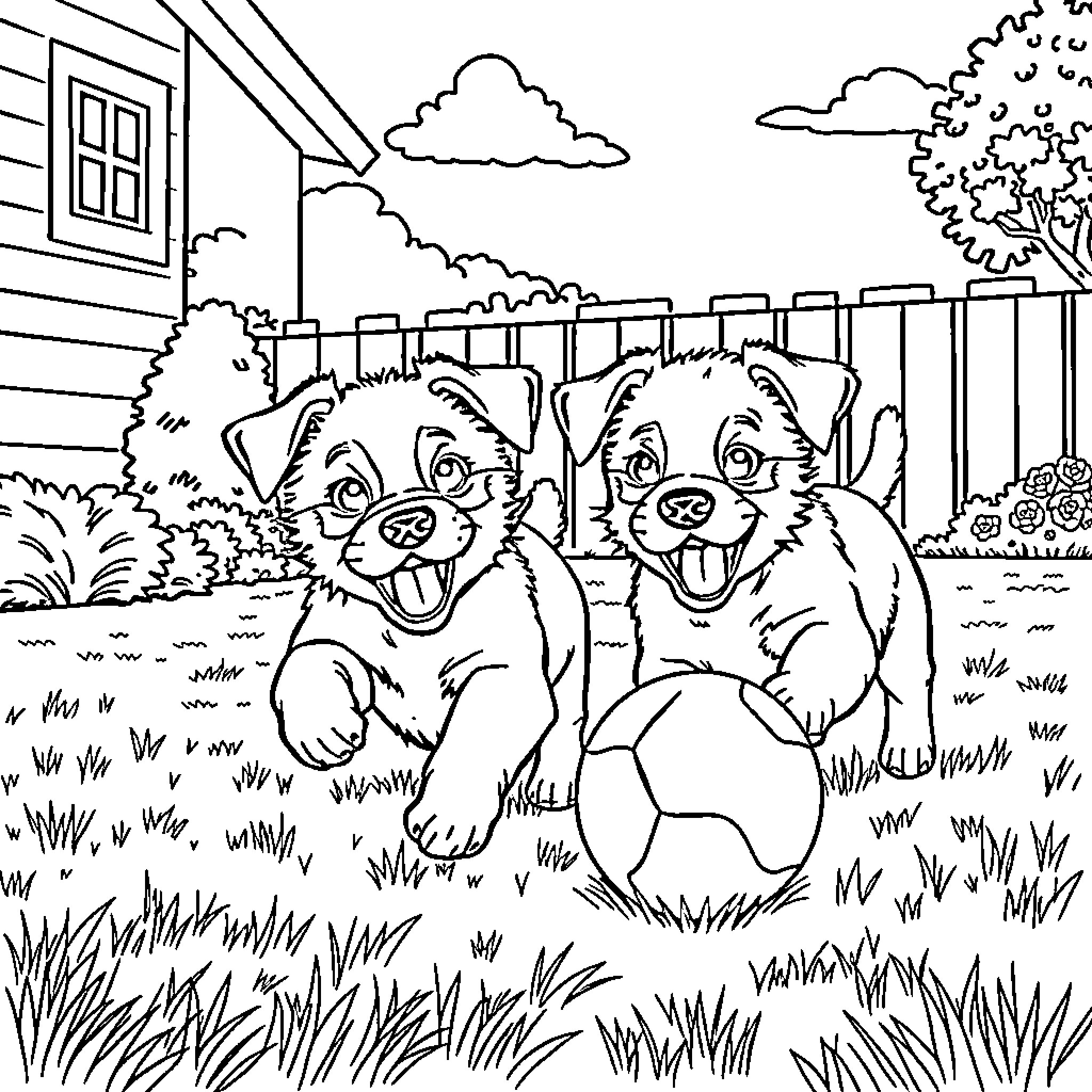 Puppy playing together happily in the backyard Coloring Page (free black-and-white line drawing printable PDF for all, from beginners to advanced learners, including children, teens, adults, and seniors)
