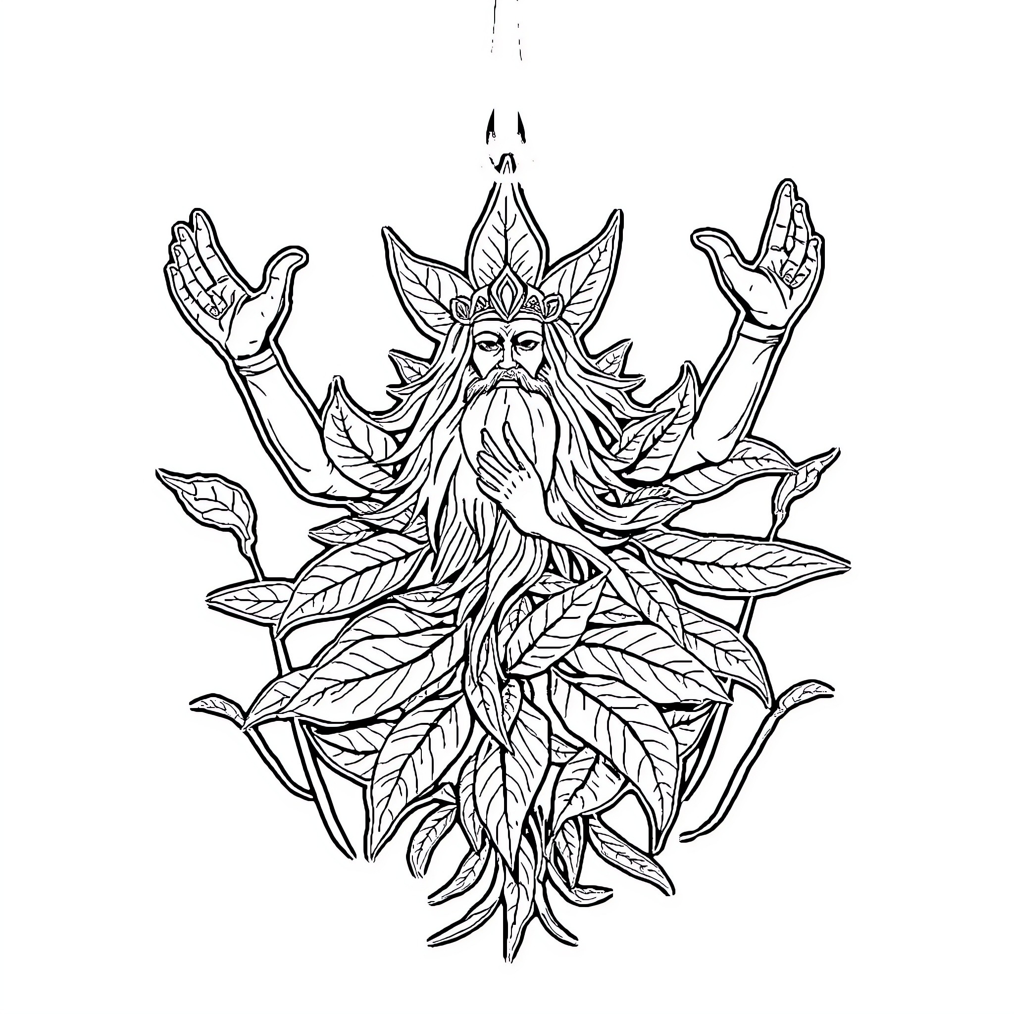 Weed Leaf Deity with Magical Hands Coloring Page (free black-and-white line drawing printable PDF for all, from beginners to advanced learners, including children, teens, adults, and seniors)