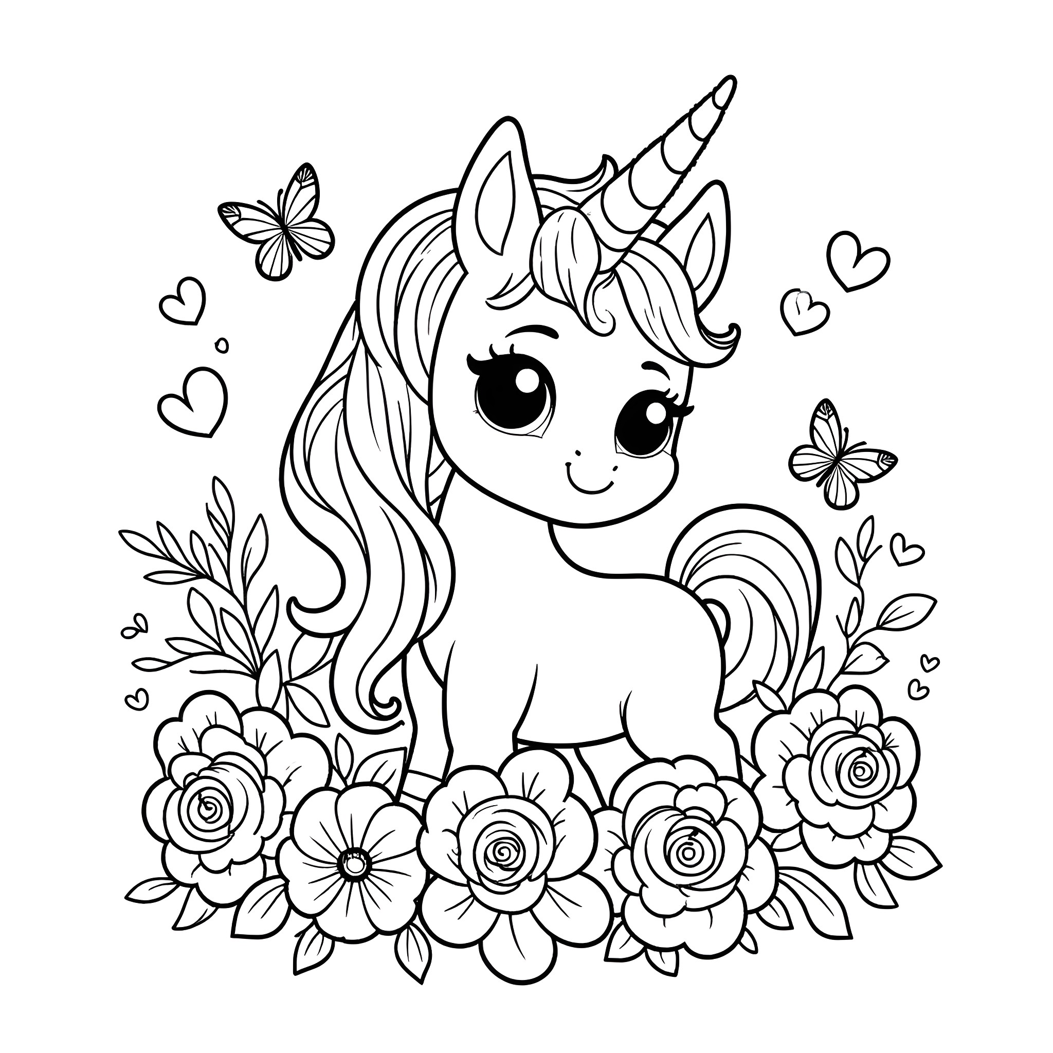 Unicorn surrounded by flowers and butterflies Coloring Page (free black-and-white line drawing printable PDF for all, from beginners to advanced learners, including children, teens, adults, and seniors)