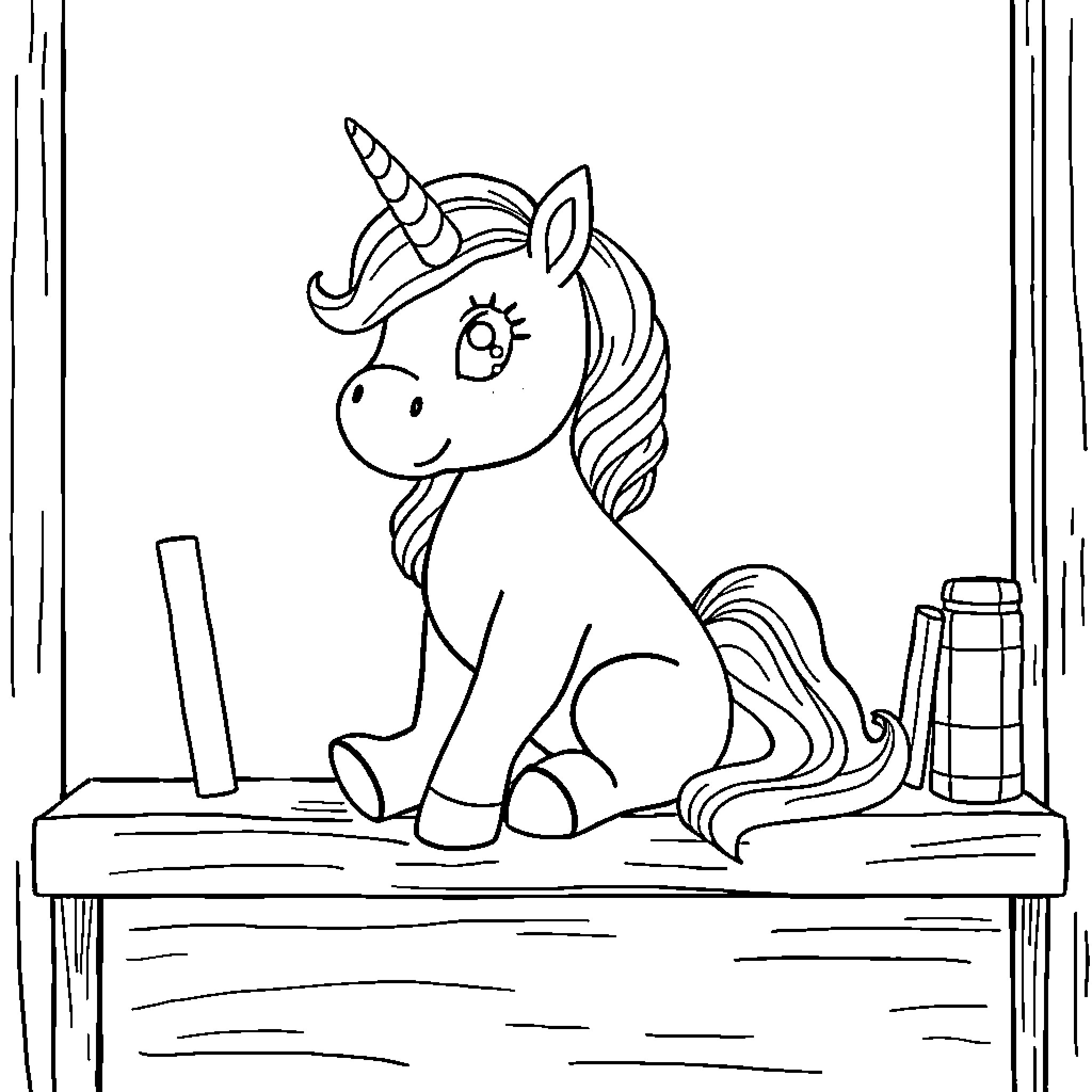 Elf Unicorn Relaxing on a Shelf Coloring Page (free black-and-white line drawing printable PDF for all, from beginners to advanced learners, including children, teens, adults, and seniors)