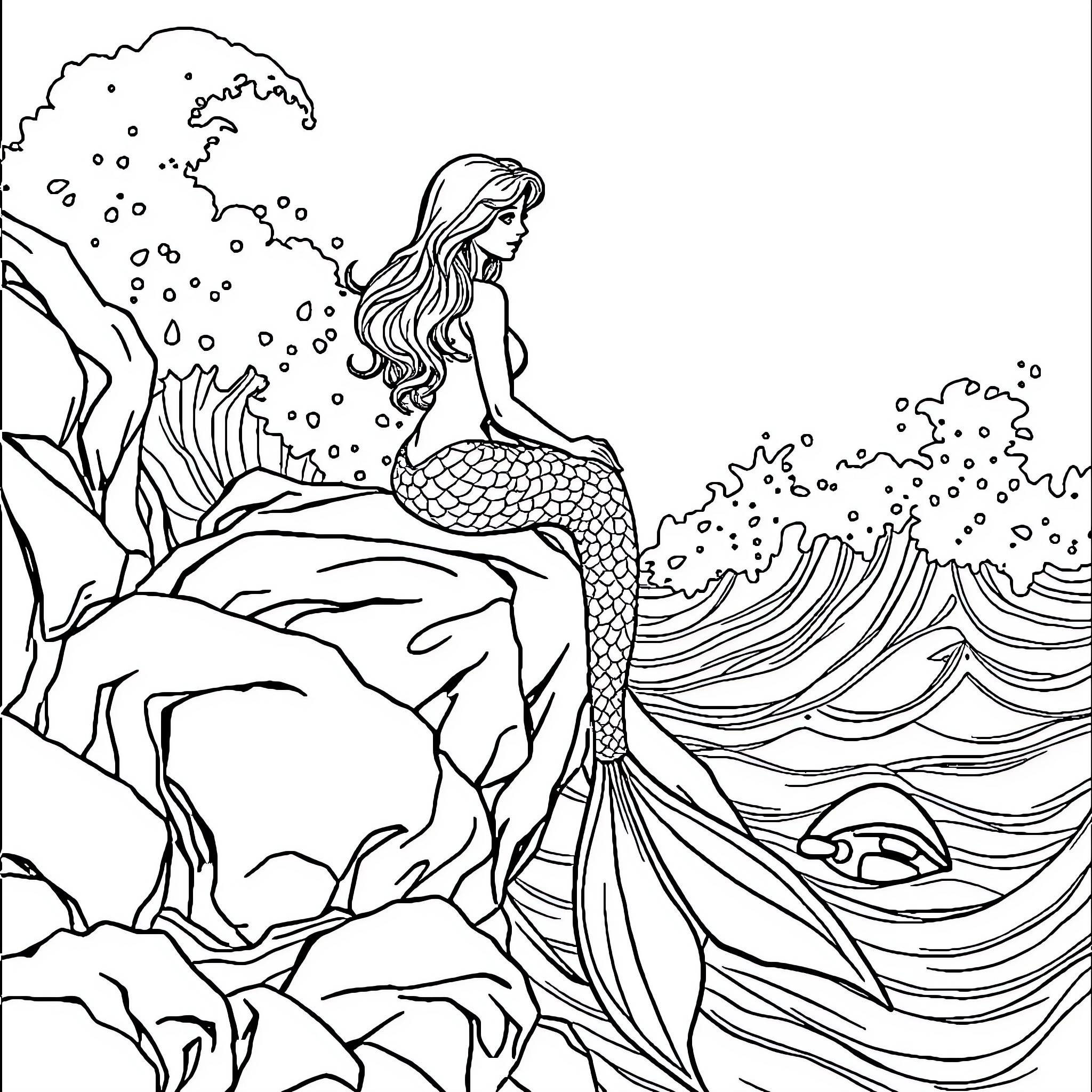 Mermaid resting peacefully on a rocky seabed Coloring Page (free black-and-white line drawing printable PDF for all, from beginners to advanced learners, including children, teens, adults, and seniors)