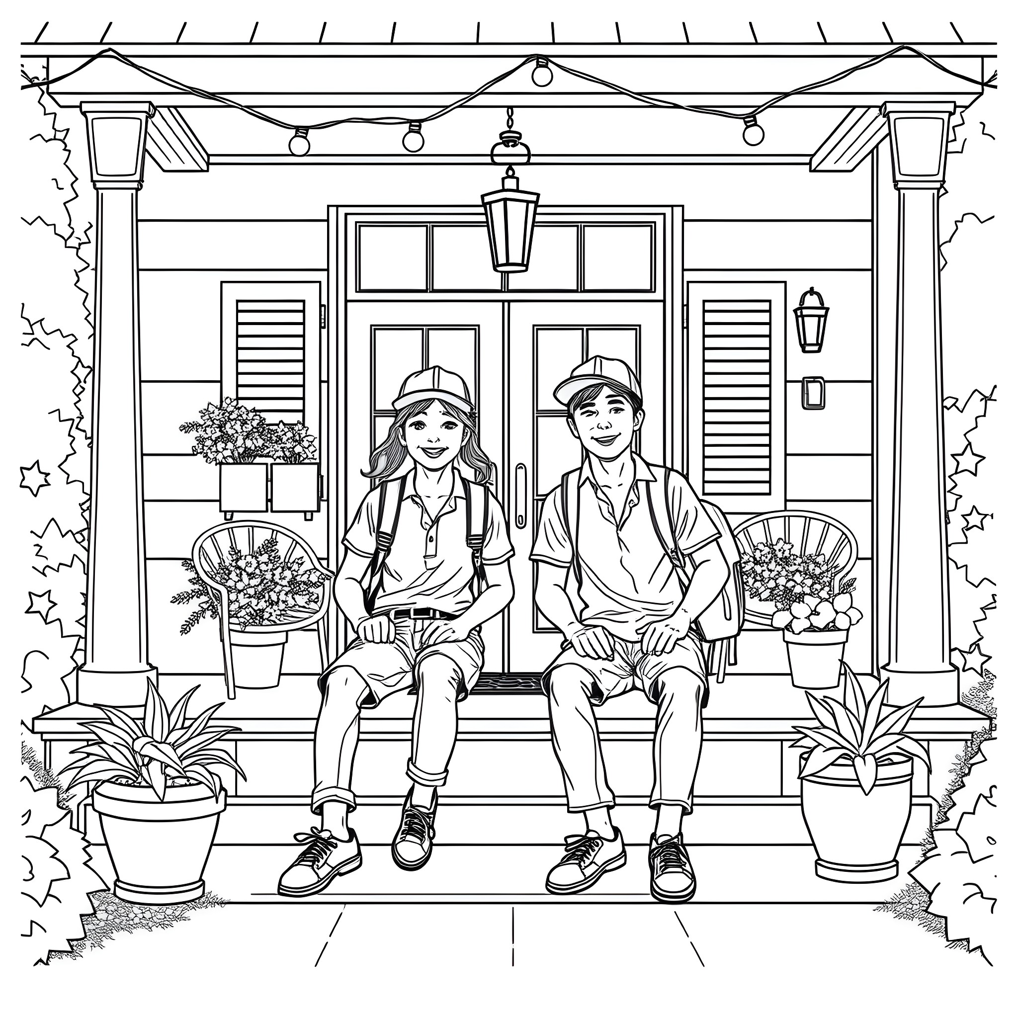 Teen Guys Relaxing on Porch Coloring Page (free black-and-white line drawing printable PDF for all, from beginners to advanced learners, including children, teens, adults, and seniors)