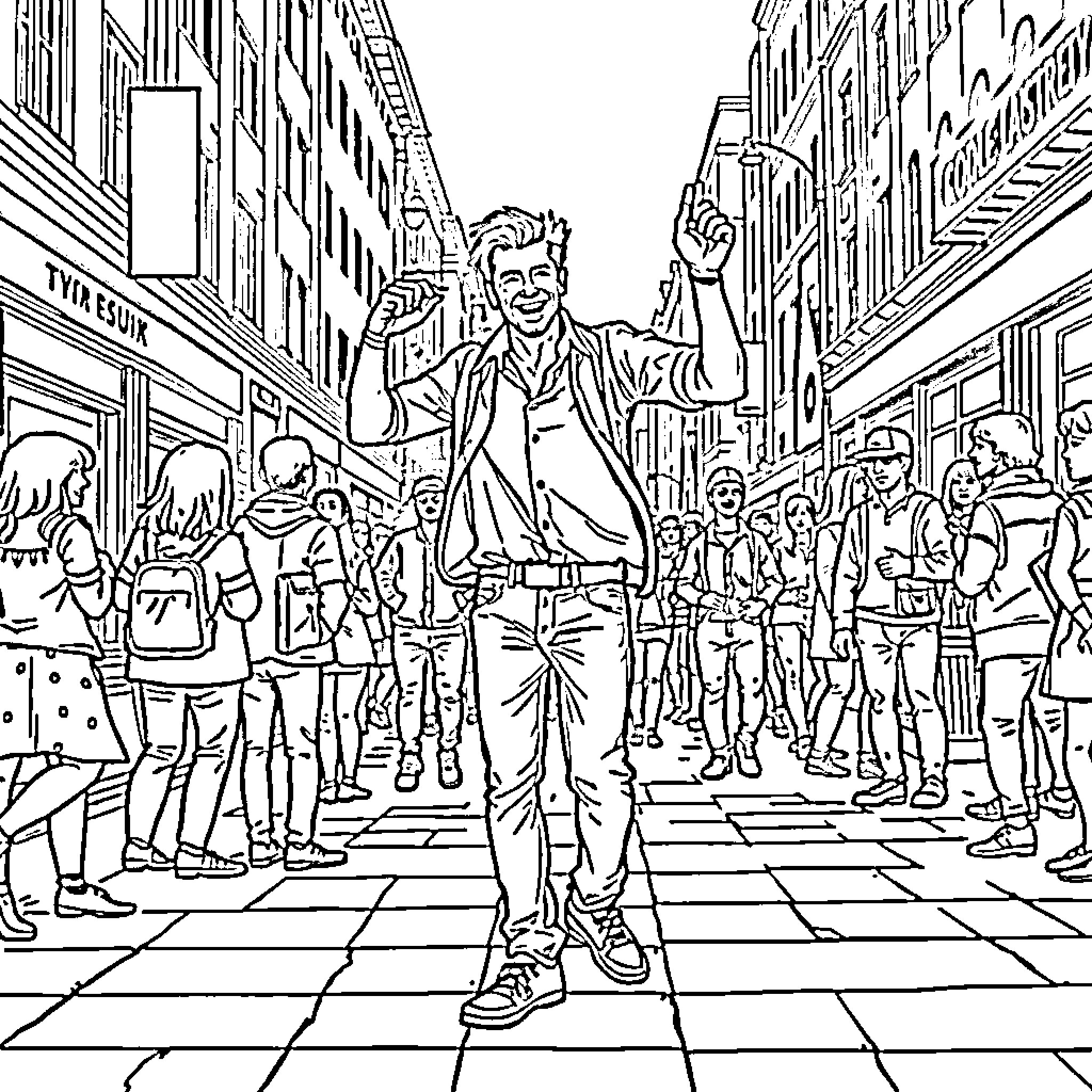 Guy celebrates joyfully on a busy city street Coloring Page (free black-and-white line drawing printable PDF for all, from beginners to advanced learners, including children, teens, adults, and seniors)