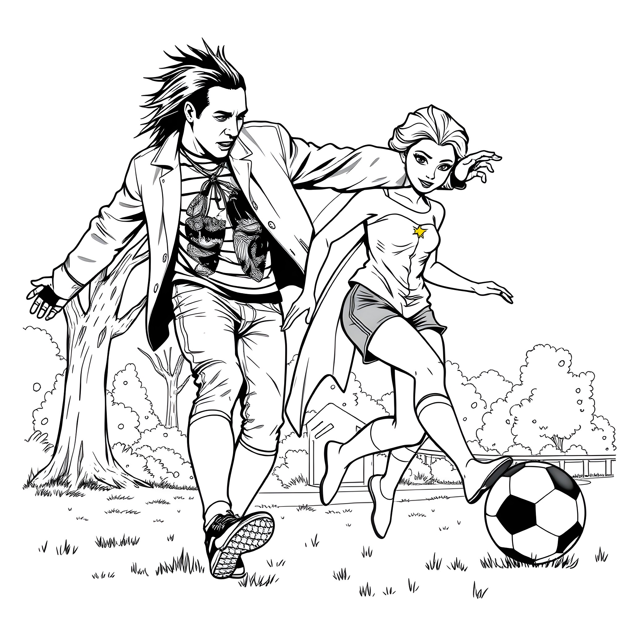 Marilyn Manson playing soccer with a woman in the park Coloring Page (free black-and-white line drawing printable PDF for all, from beginners to advanced learners, including children, teens, adults, and seniors)
