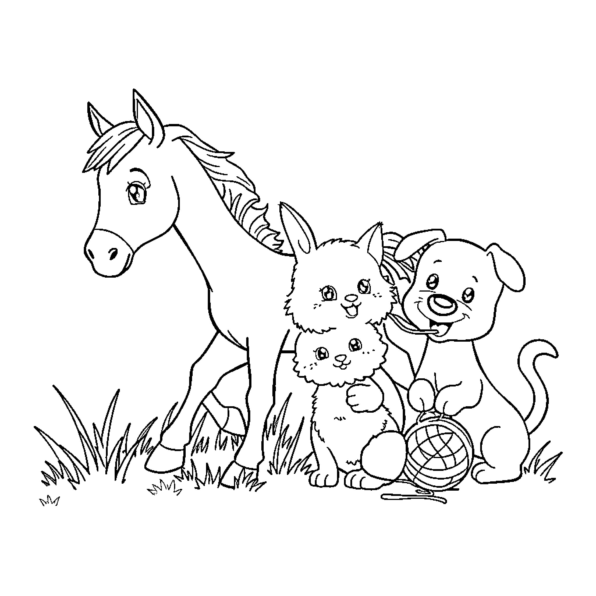 Baby Animal Companions Frolicking in the Meadow Coloring Page (free black-and-white line drawing printable PDF for all, from beginners to advanced learners, including children, teens, adults, and seniors)
