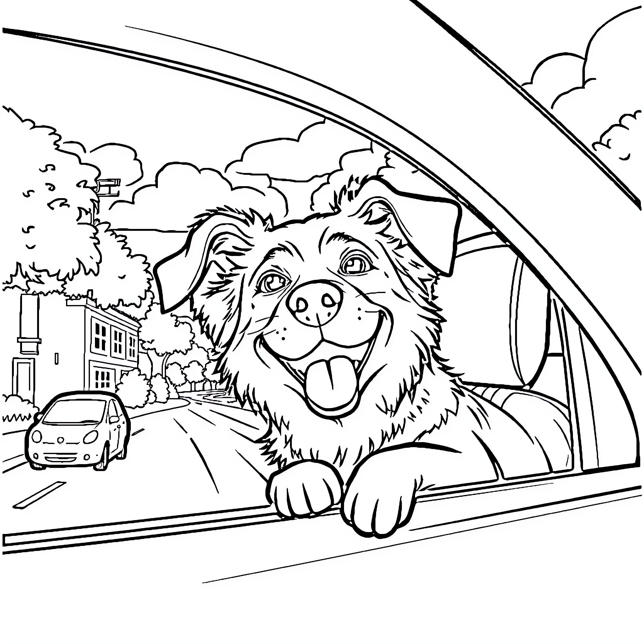 Dog happily sticking head out of car window Coloring Page (free black-and-white line drawing printable PDF for all, from beginners to advanced learners, including children, teens, adults, and seniors)