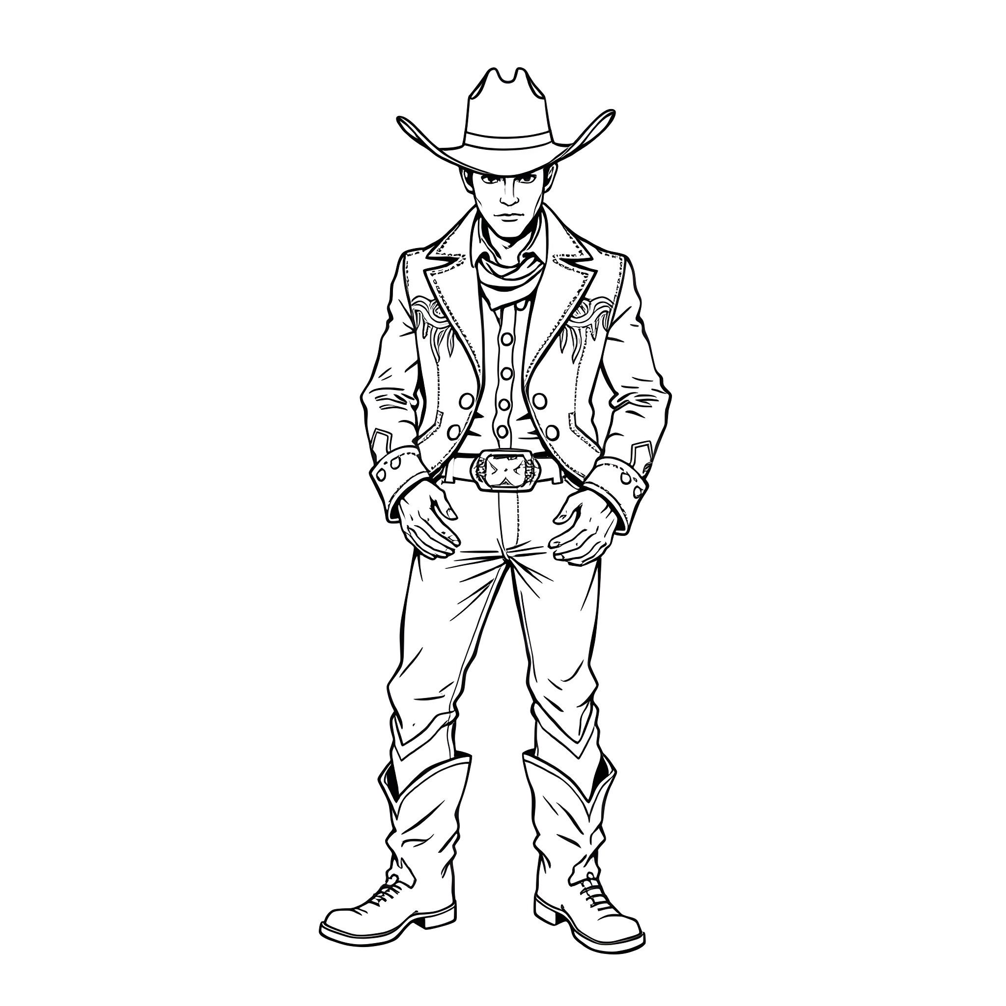 Cowboy standing tall in classic western outfit Coloring Page (free black-and-white line drawing printable PDF for all, from beginners to advanced learners, including children, teens, adults, and seniors)