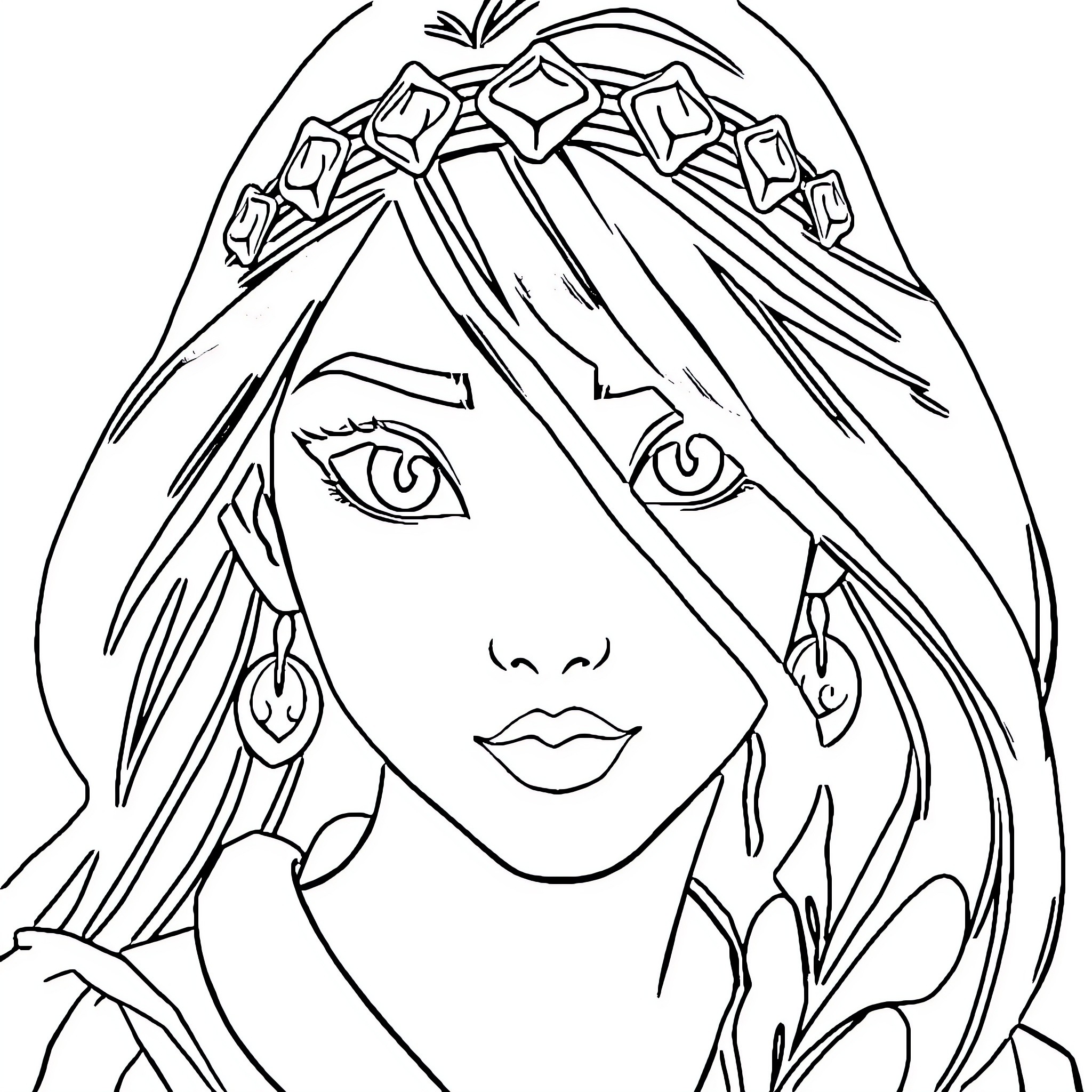 Mulan and Pocahontas in detailed portrait Coloring Page (free black-and-white line drawing printable PDF for all, from beginners to advanced learners, including children, teens, adults, and seniors)
