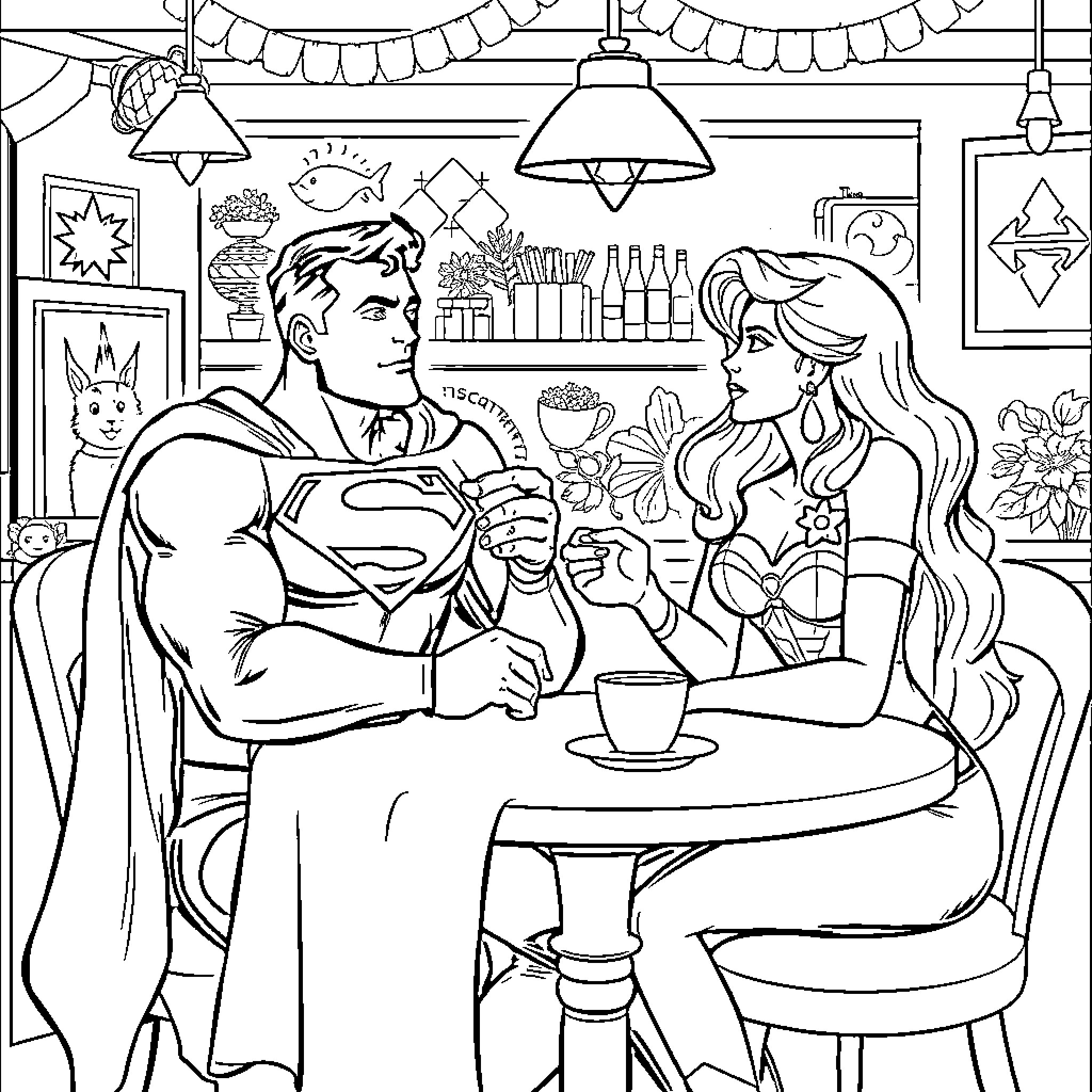 Superman enjoying coffee with a woman Coloring Page (free black-and-white line drawing printable PDF for all, from beginners to advanced learners, including children, teens, adults, and seniors)