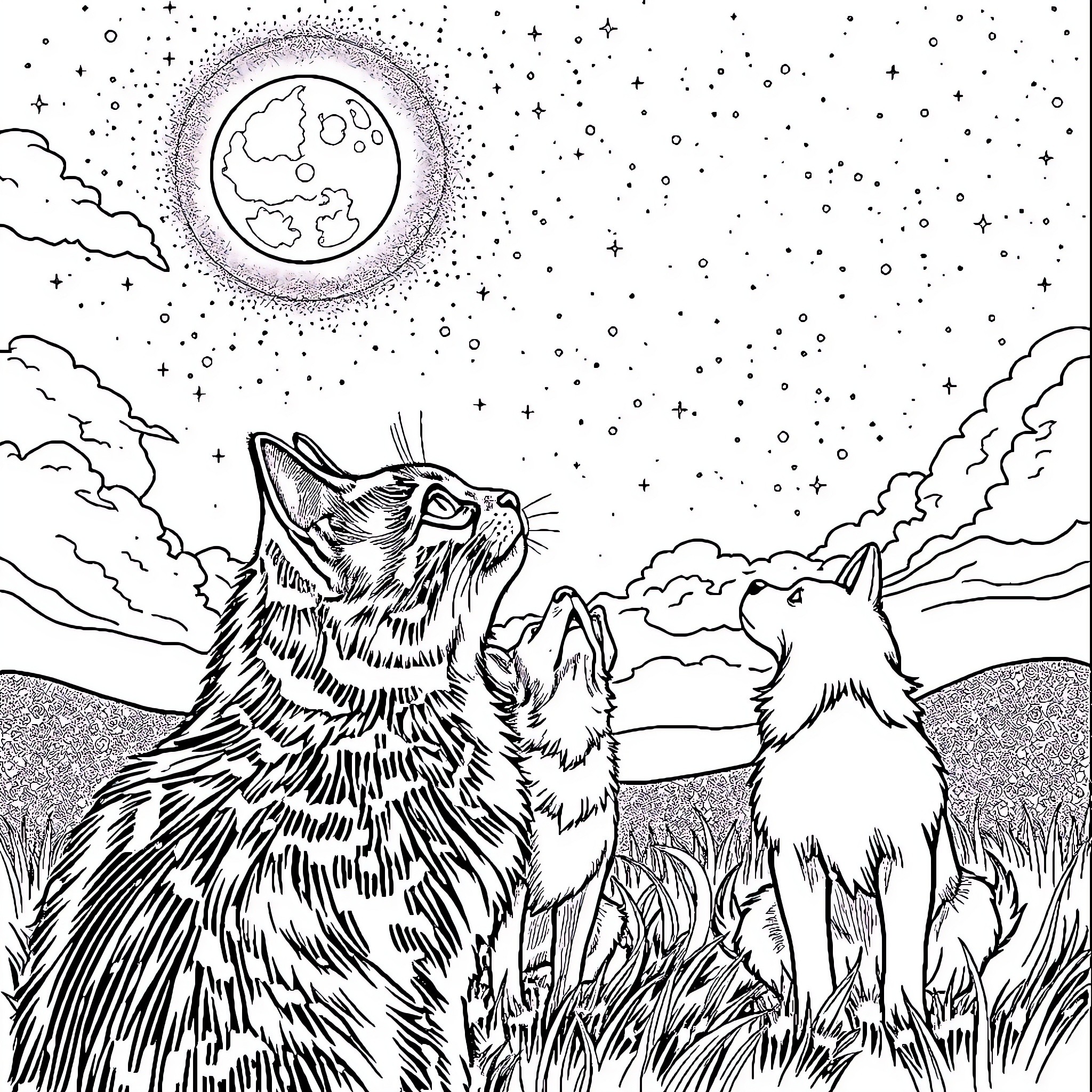 Cats gazing at the moon in a starry night Coloring Page (free black-and-white line drawing printable PDF for all, from beginners to advanced learners, including children, teens, adults, and seniors)