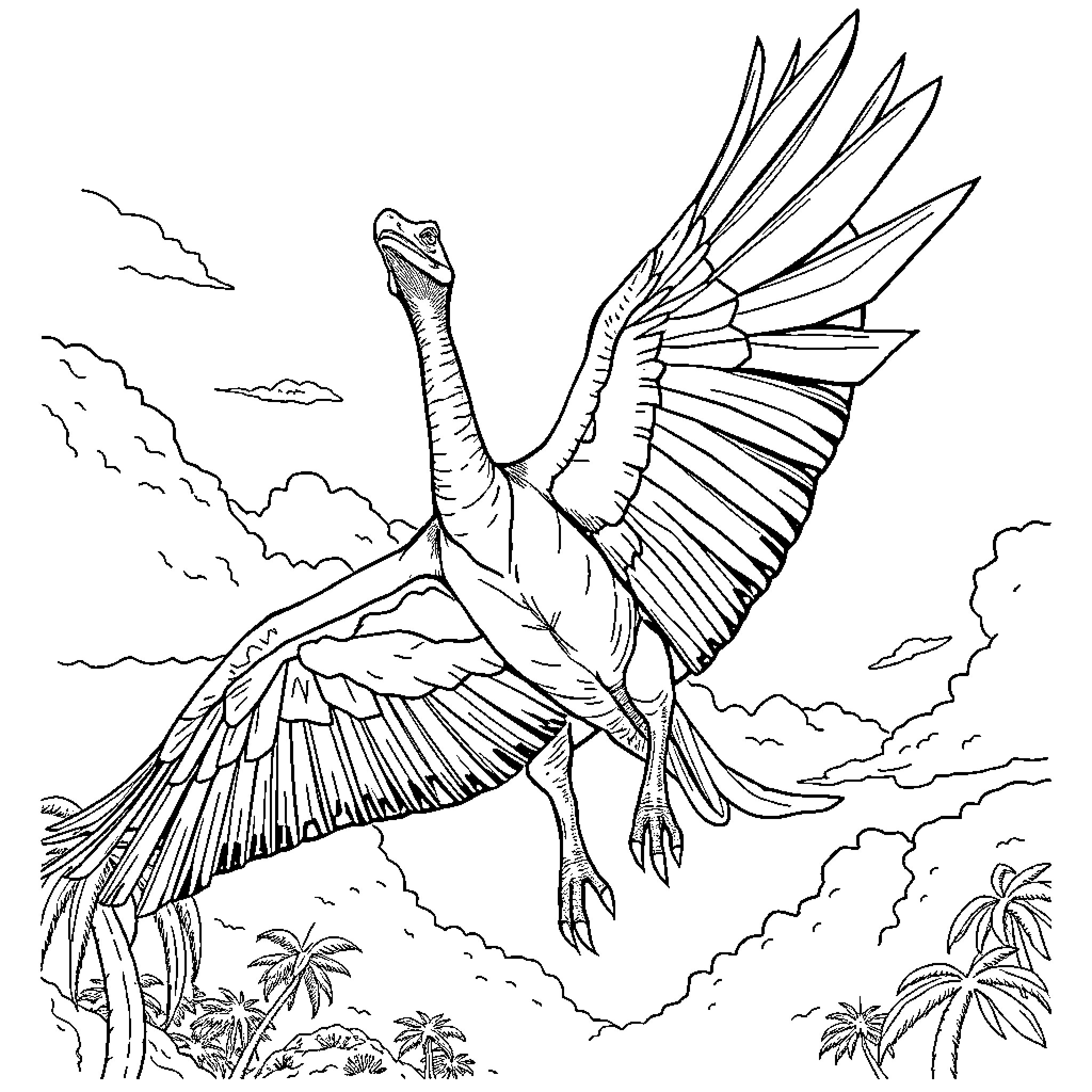 Quetzalcoatlus soaring through prehistoric landscape Coloring Page (free black-and-white line drawing printable PDF for all, from beginners to advanced learners, including children, teens, adults, and seniors)