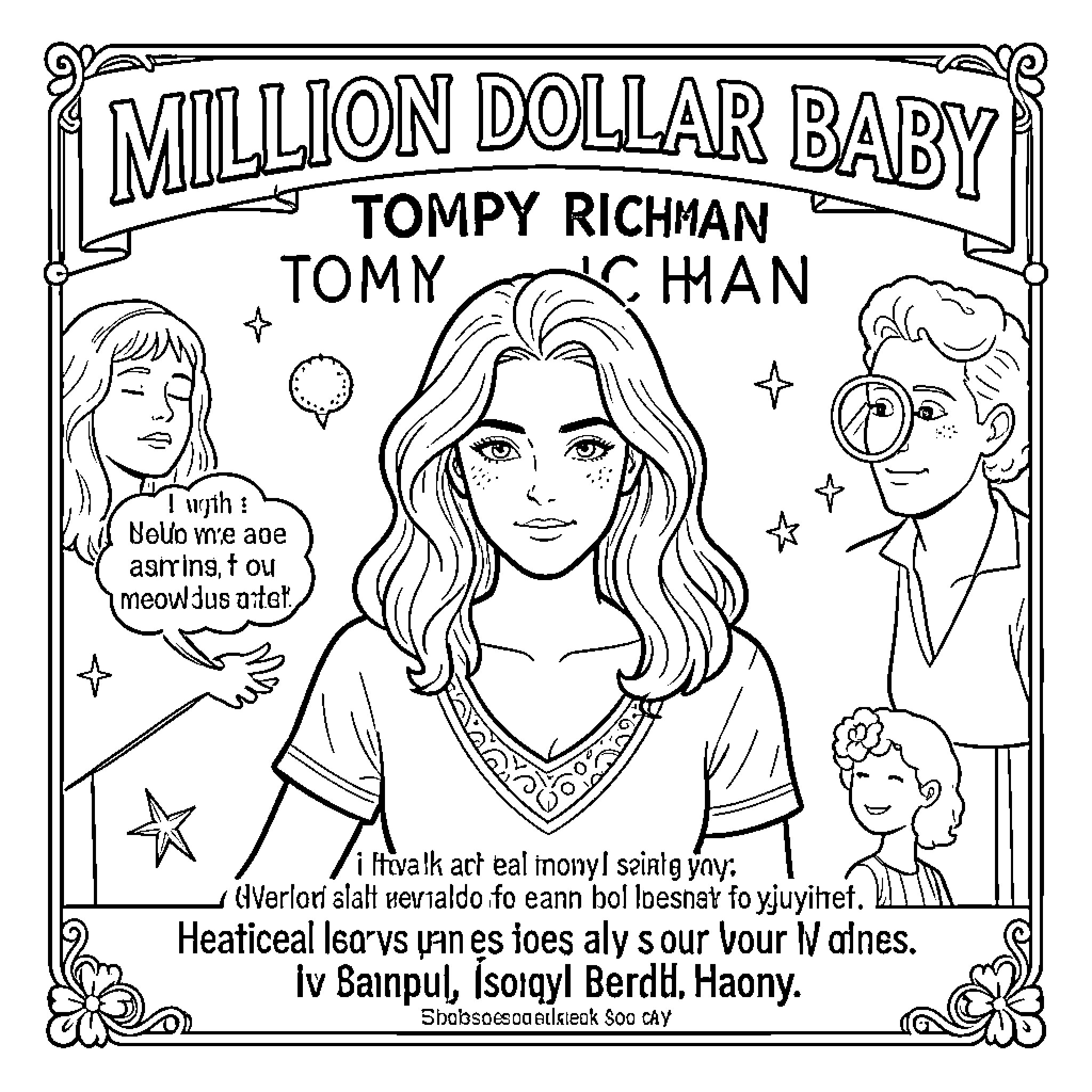 Tommy Richman inspired illustration of smiling people and stars Coloring Page (free black-and-white line drawing printable PDF for all, from beginners to advanced learners, including children, teens, adults, and seniors)
