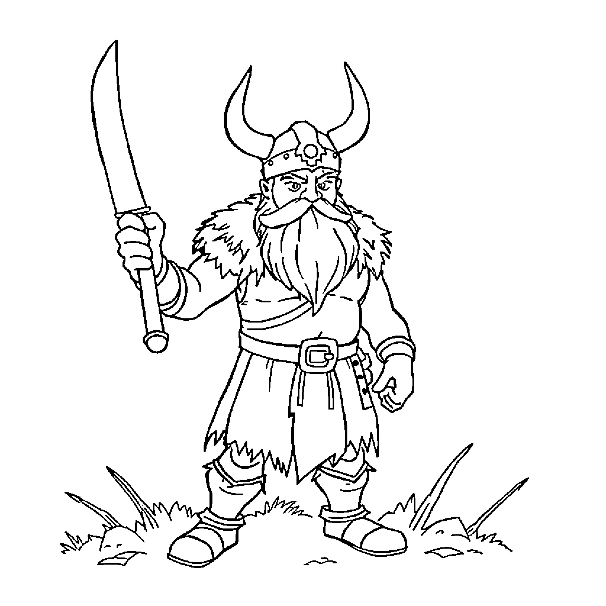 Viking Warrior wielding sword in battle stance Coloring Page (free black-and-white line drawing printable PDF for all, from beginners to advanced learners, including children, teens, adults, and seniors)