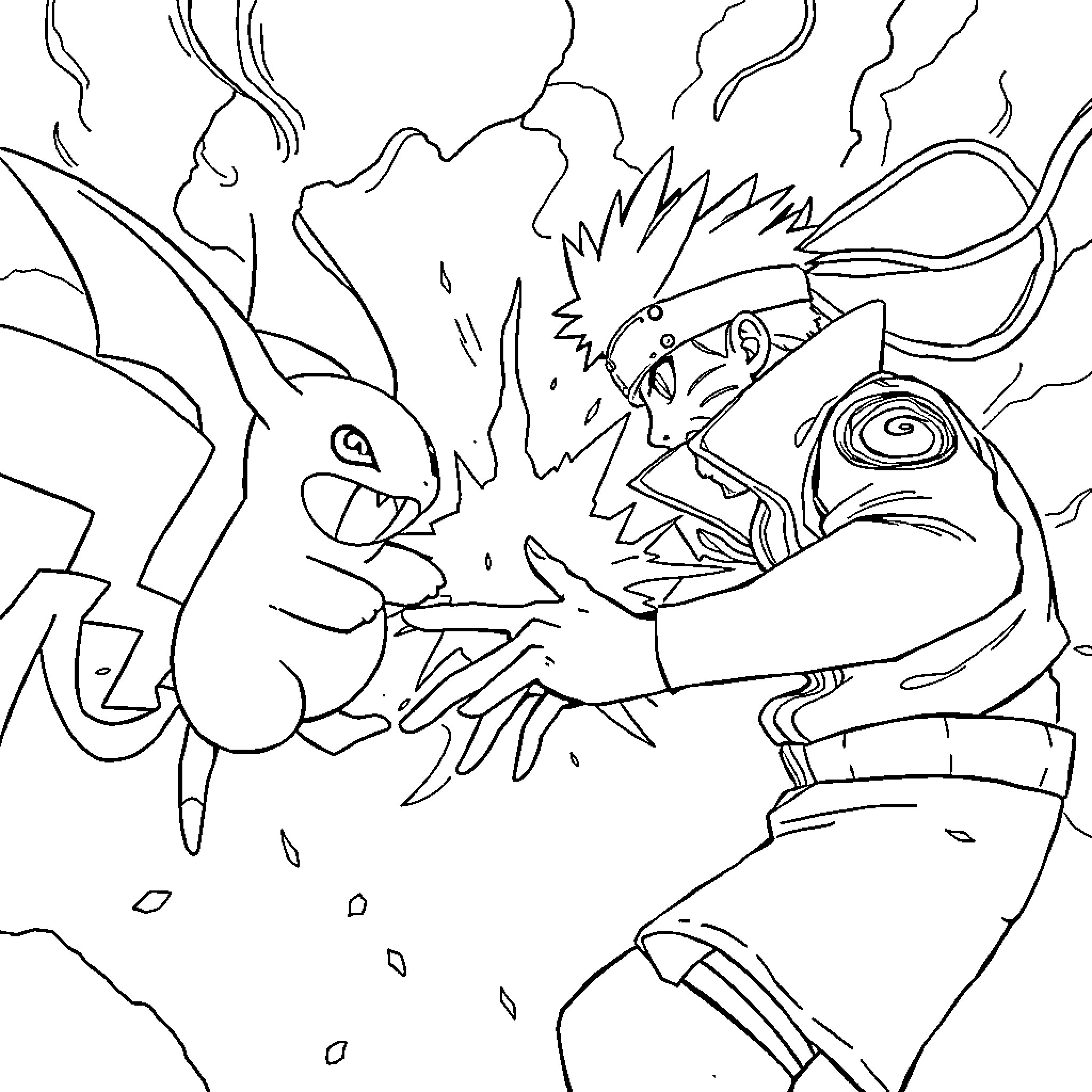 Pokémon battle between fierce characters Coloring Page (free black-and-white line drawing printable PDF for all, from beginners to advanced learners, including children, teens, adults, and seniors)